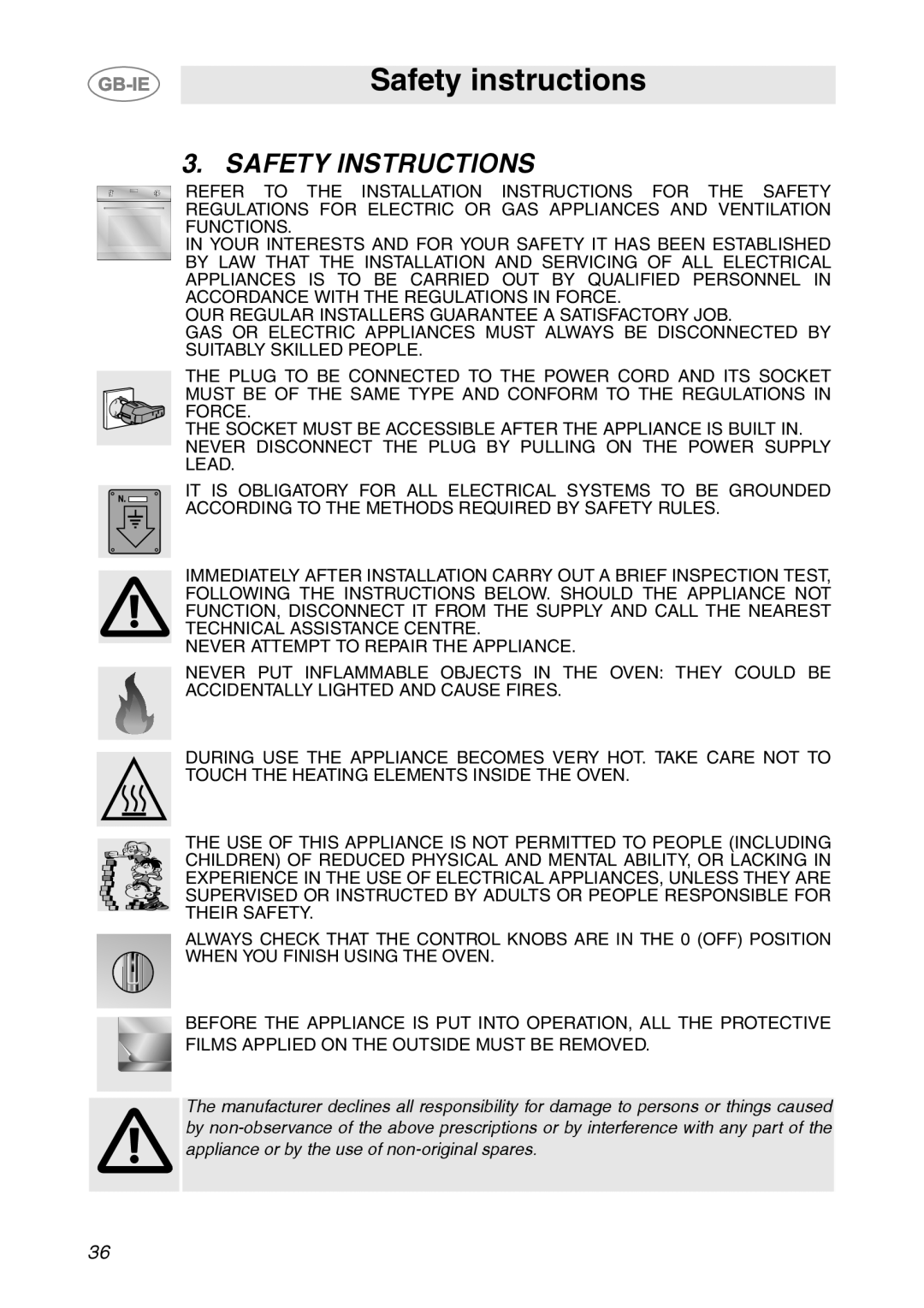 Smeg FCM60X1, FC66B1, FC66N1, FC66X1 manual Safety instructions, Safety Instructions 