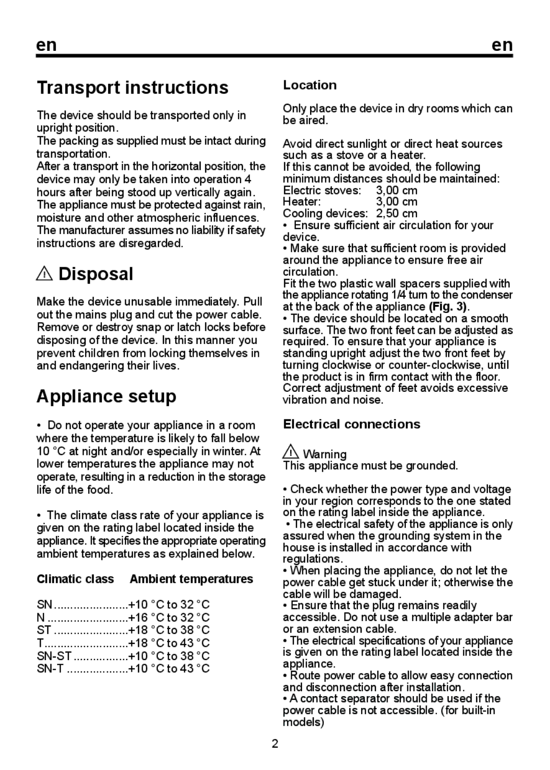 Smeg FD 32 AP instruction manual Transport instructions, Disposal, Appliance setup, Location, Electrical connections 