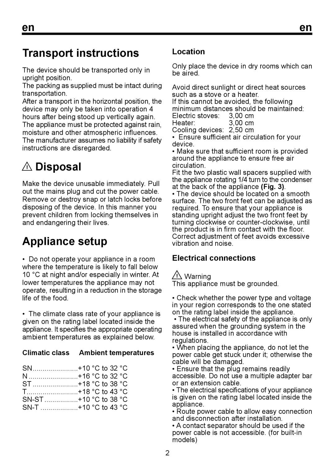 Smeg FD250A instruction manual Transport instructions, Disposal, Appliance setup, Location, Electrical connections 