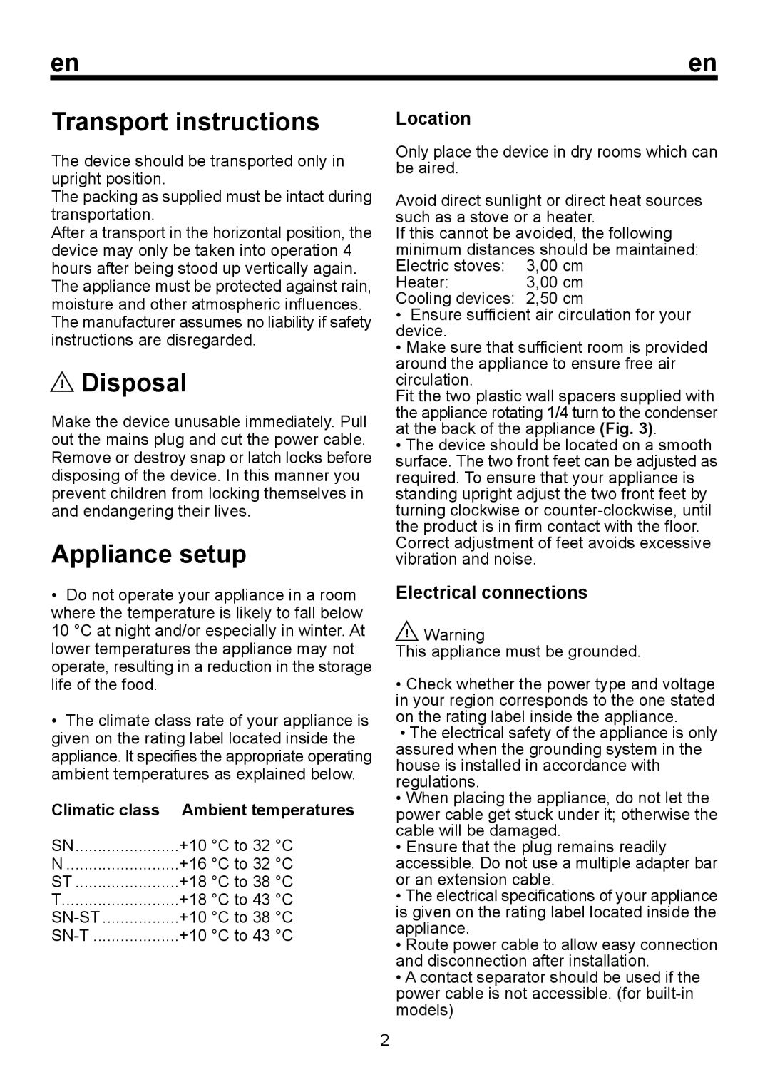 Smeg FD250A Transport instructions, Disposal, Appliance setup, Location, Electrical connections, Climatic class 