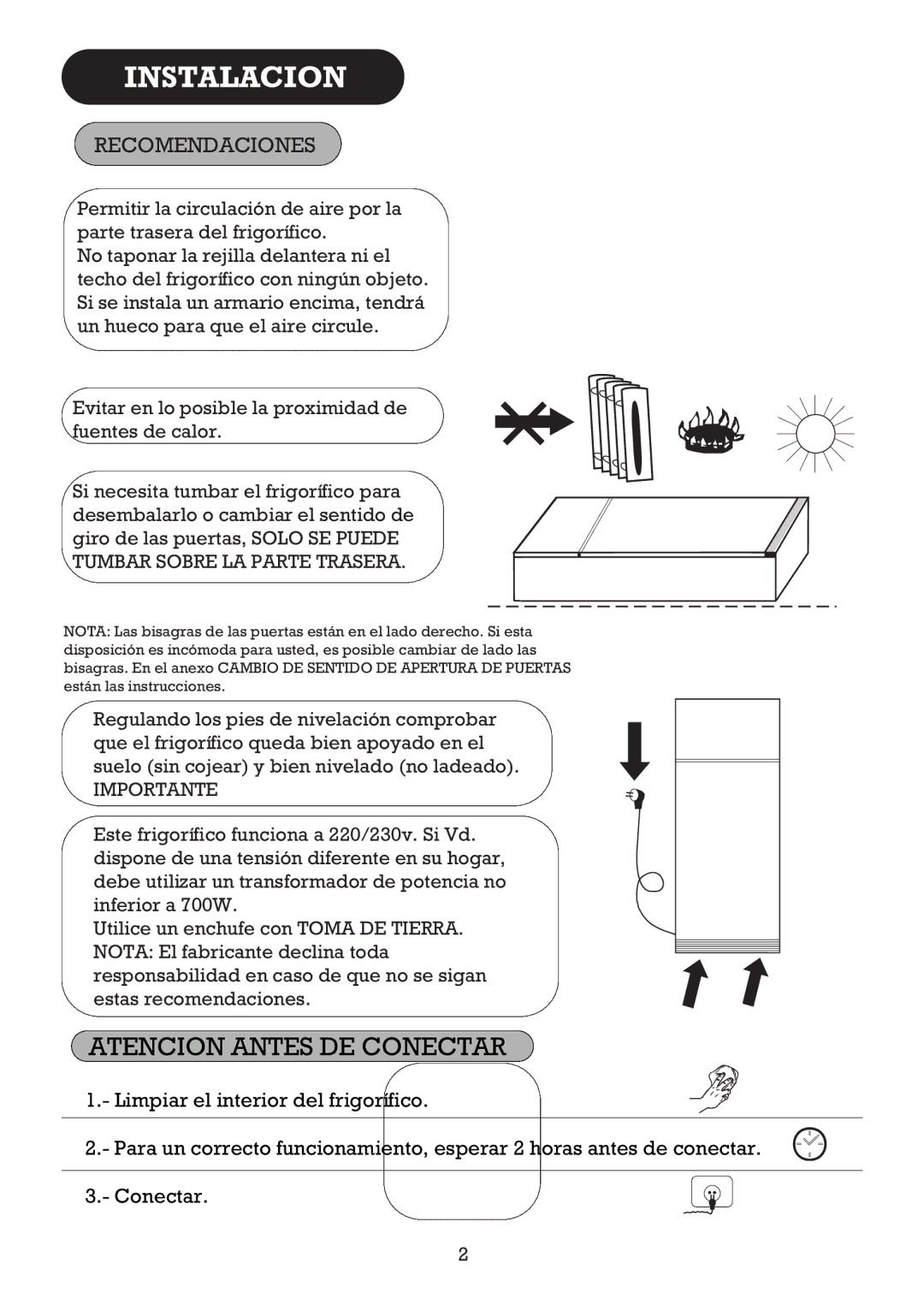 Smeg FD27R2, FD270B operating instructions Instalacion, Recomendaciones 