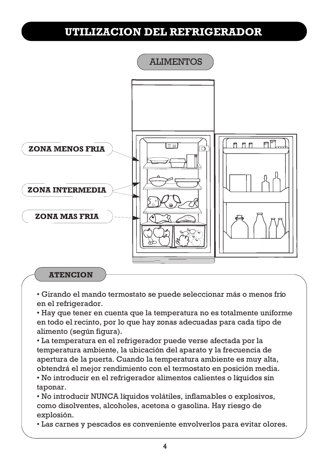 Smeg FD27R2, FD270B operating instructions Utilizacion Del Refrigerador, Alimentos, Atencion 