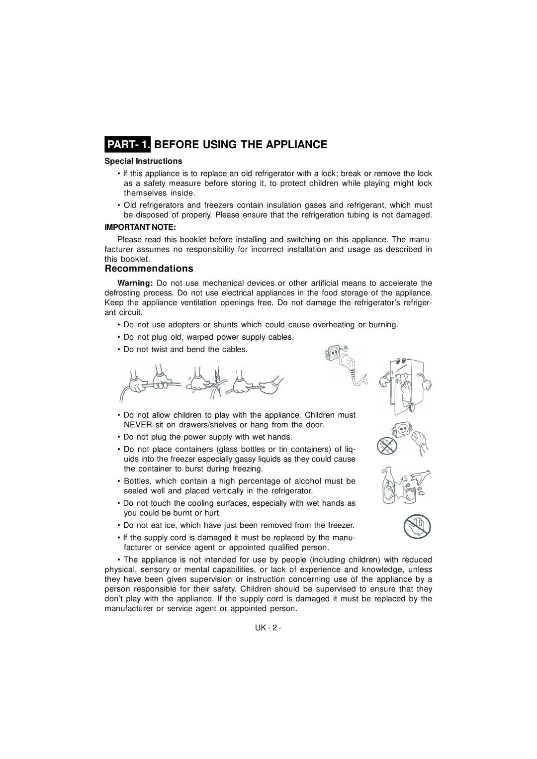 Smeg FD35SNF manual PART- 1. Before Using the Appliance, Recommendations 