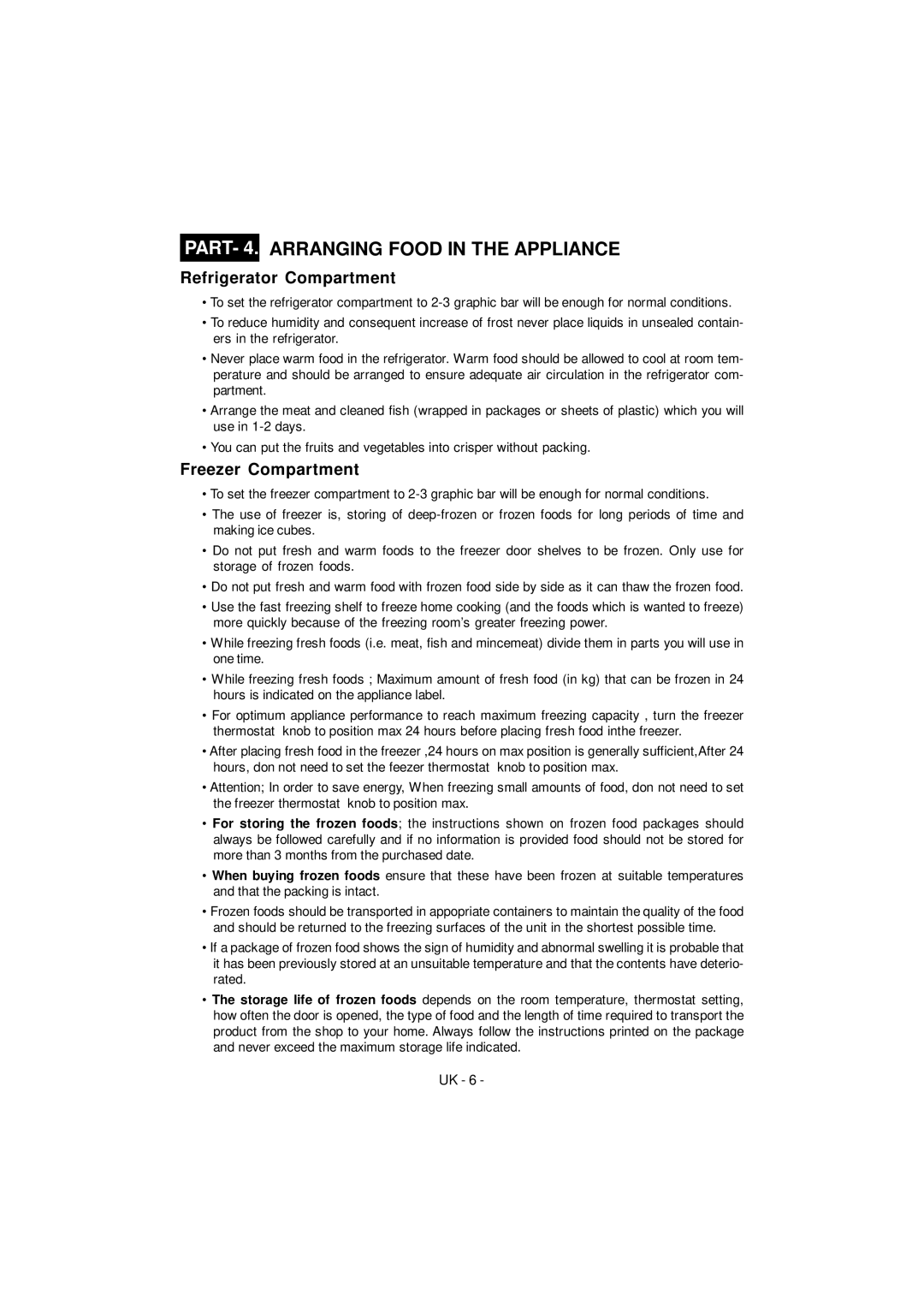 Smeg FD35SNF manual PART- 4. Arranging Food in the Appliance, Refrigerator Compartment, Freezer Compartment 