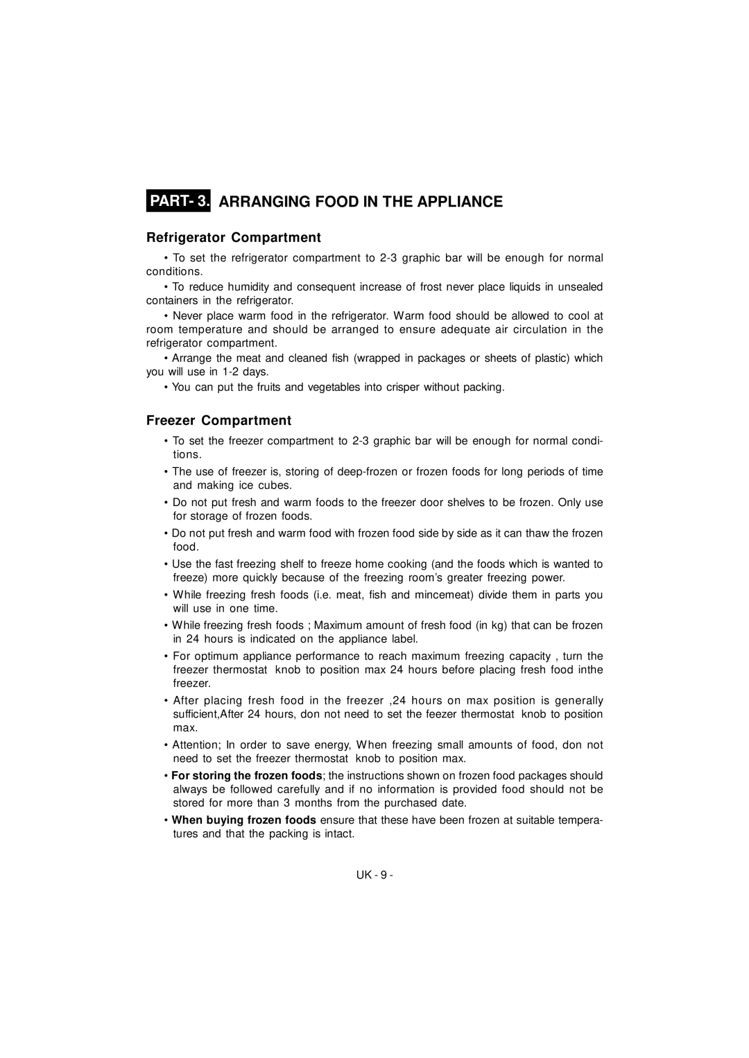 Smeg FD43APXNF, FD43APBNF manual PART- 3. Arranging Food in the Appliance, Refrigerator Compartment, Freezer Compartment 