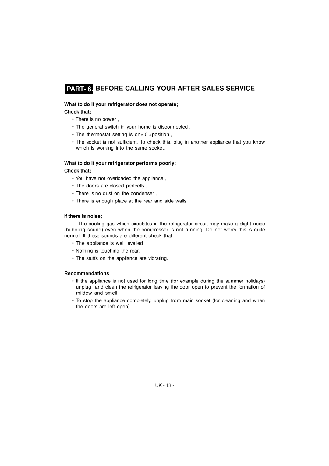 Smeg FD43APXNF, FD43APBNF manual PART- 6. Before Calling Your After Sales Service, If there is noise, Recommendations 