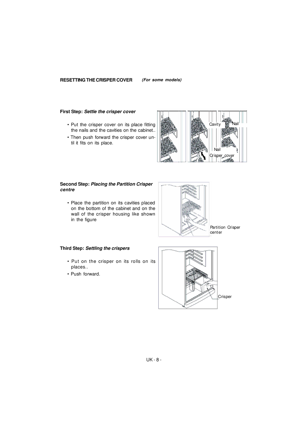 Smeg FD43APBNF, FD43APXNF manual Resetting the Crisper Cover For some models, First Step Settle the crisper cover 