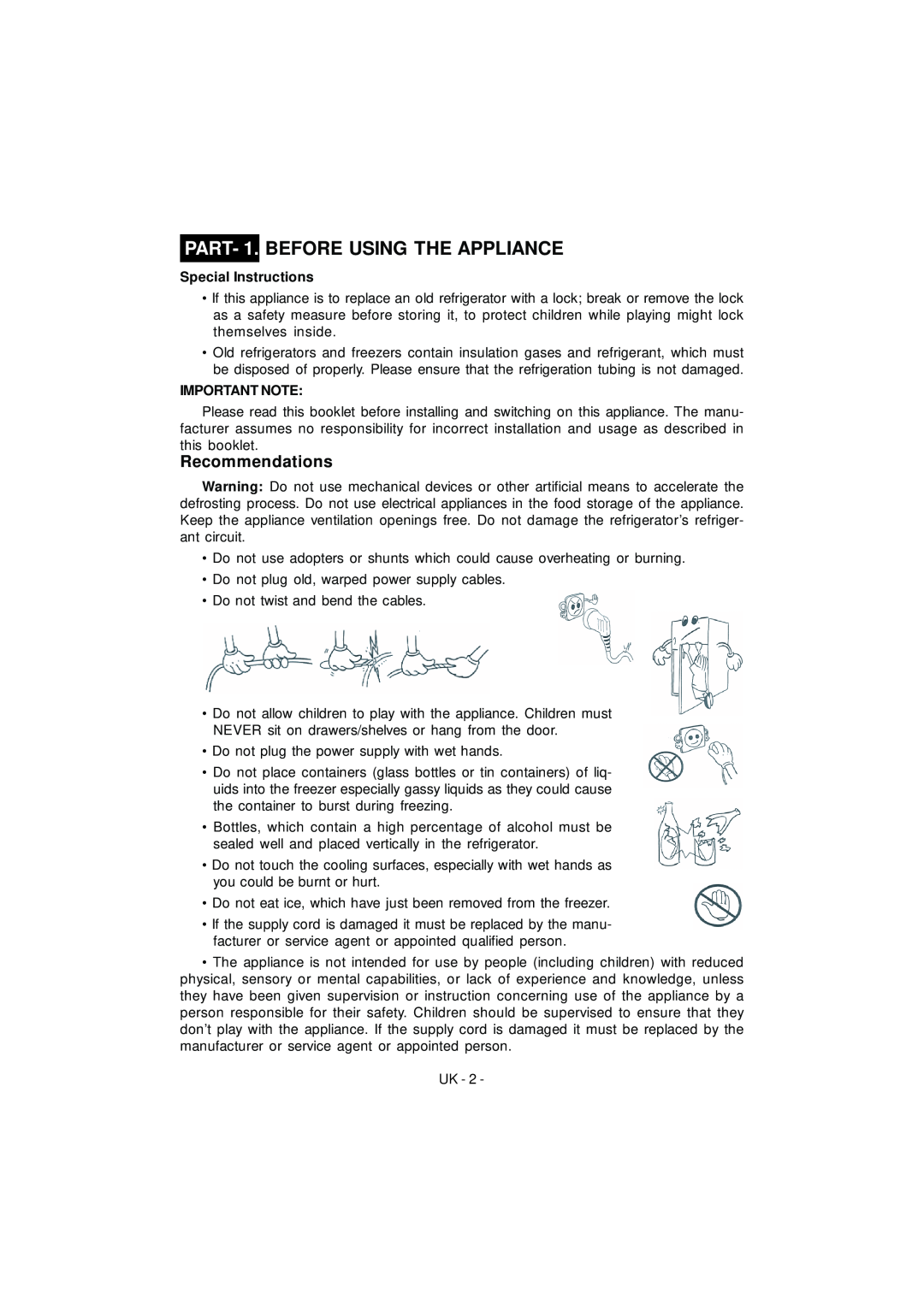 Smeg FD43APBNF, FD43APXNF manual PART- 1. BEFORE USING THE APPLIANCE, Recommendations, Special Instructions, Important Note 