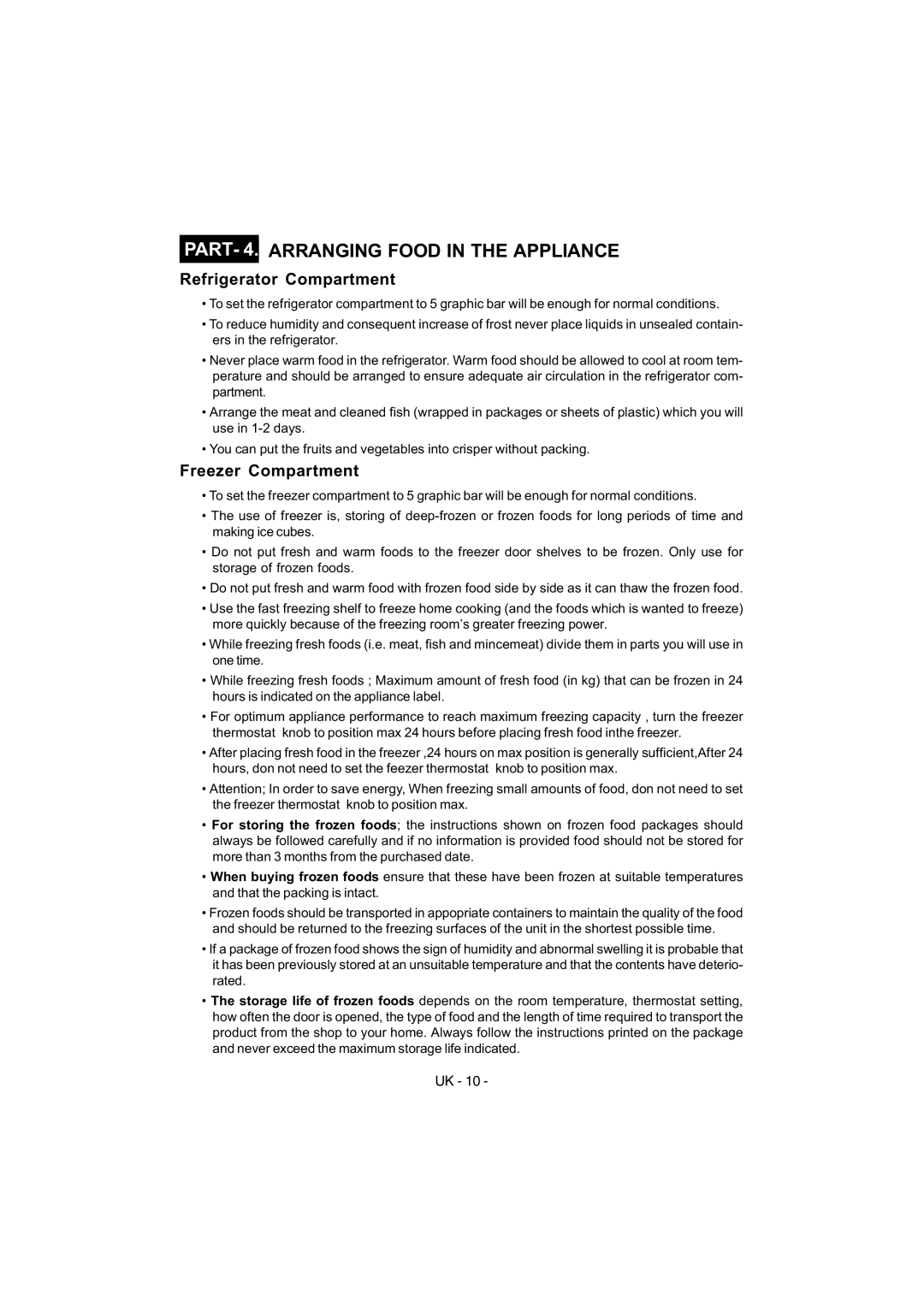 Smeg FD54APXNF manual PART- 4. Arranging Food in the Appliance, Refrigerator Compartment, Freezer Compartment 