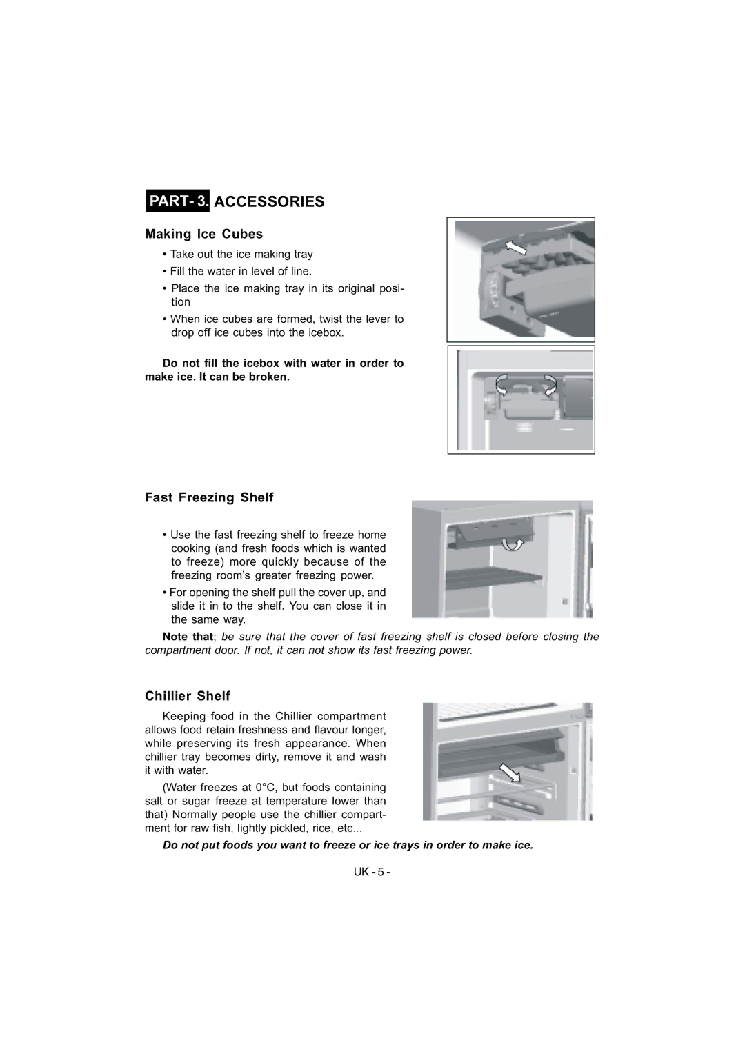 Smeg FD54APXNF manual PART- 3. Accessories, Making Ice Cubes, Fast Freezing Shelf, Chillier Shelf 