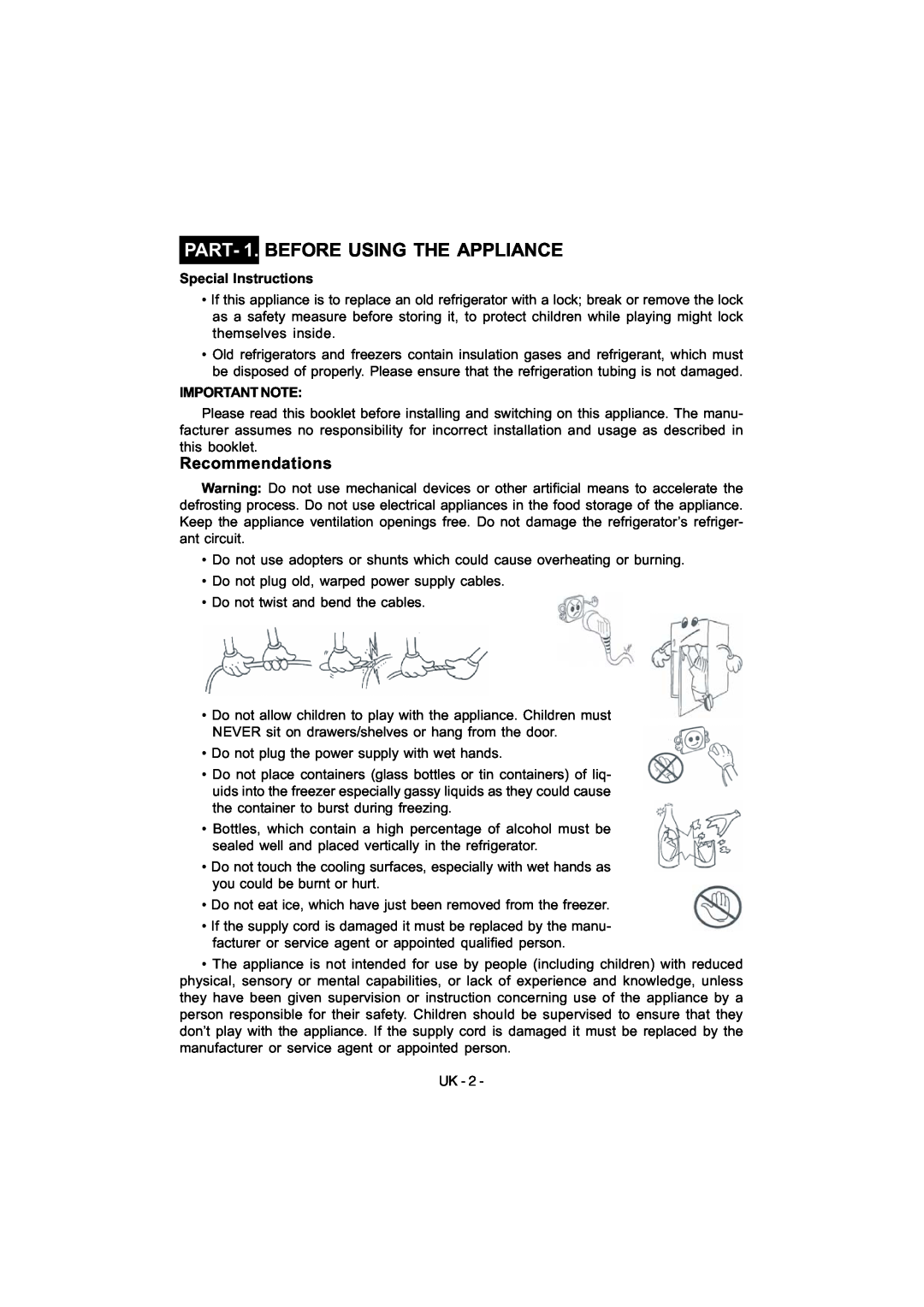 Smeg FD54APXNF manual PART- 1. BEFORE USING THE APPLIANCE, Recommendations 