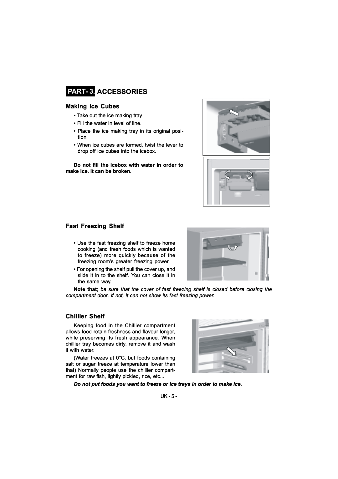 Smeg FD54APXNF manual PART- 3. ACCESSORIES, Making Ice Cubes, Fast Freezing Shelf, Chillier Shelf 