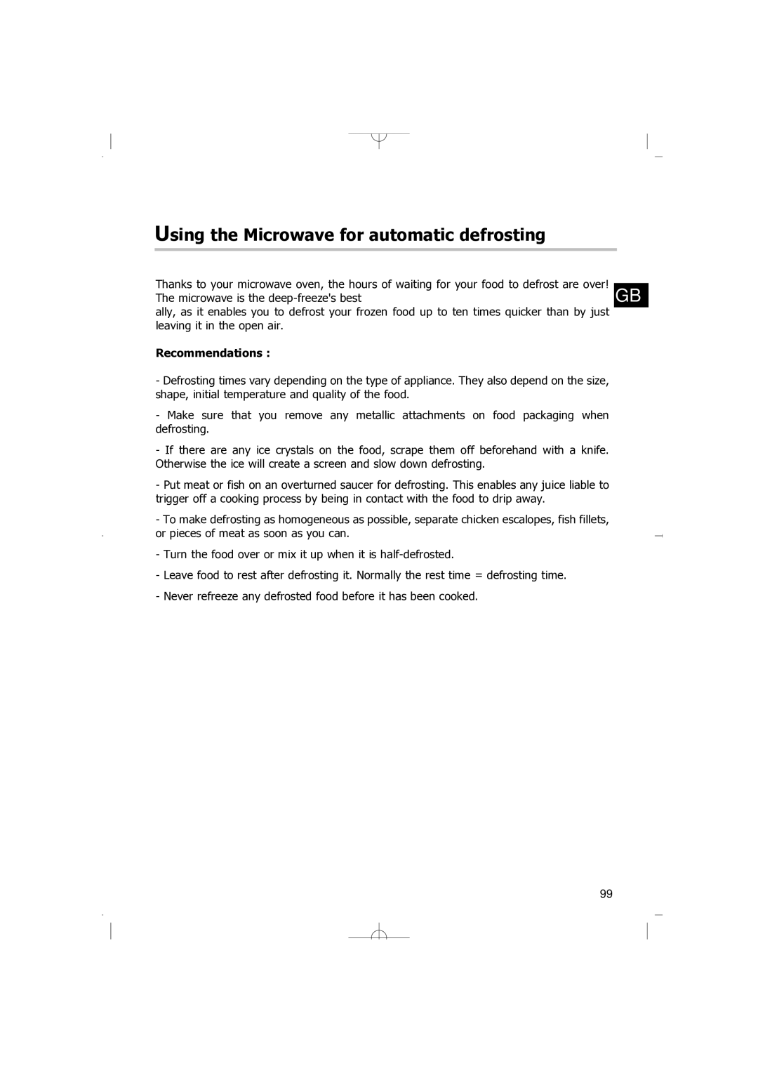 Smeg FM38X manual Using the Microwave for automatic defrosting, Recommendations 