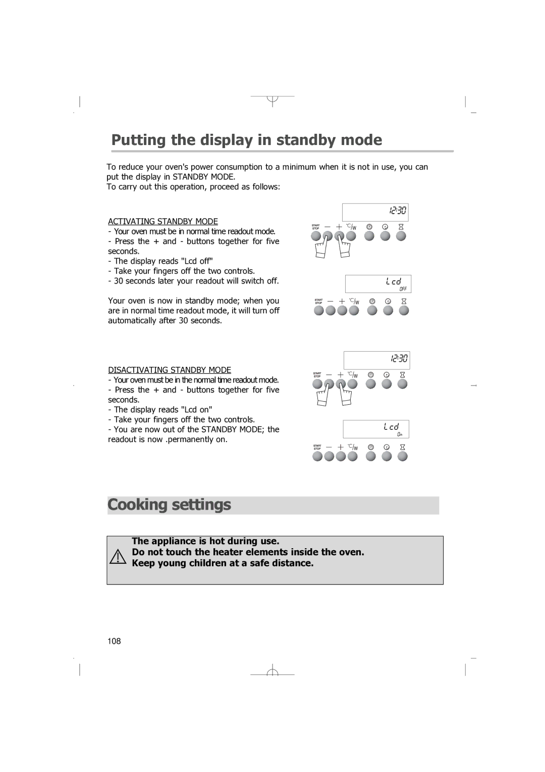 Smeg FM38X manual Cooking settings, Putting the display in standby mode 