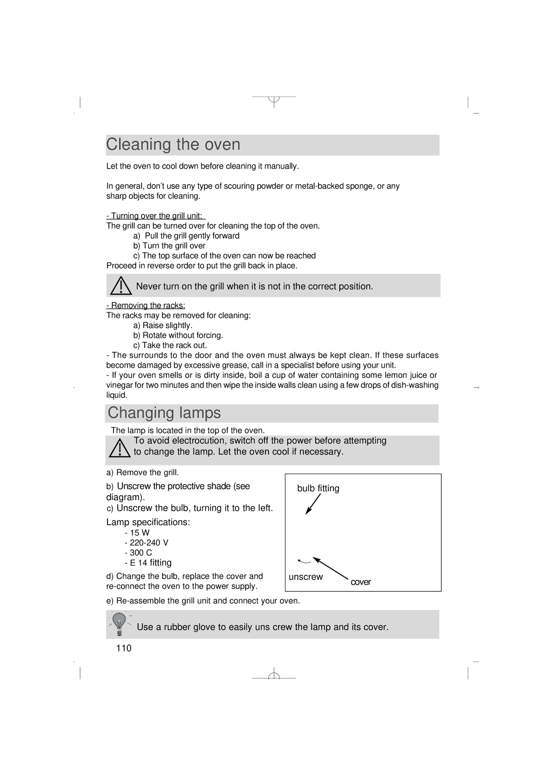 Smeg FM38X manual Cleaning the oven, Changing lamps 