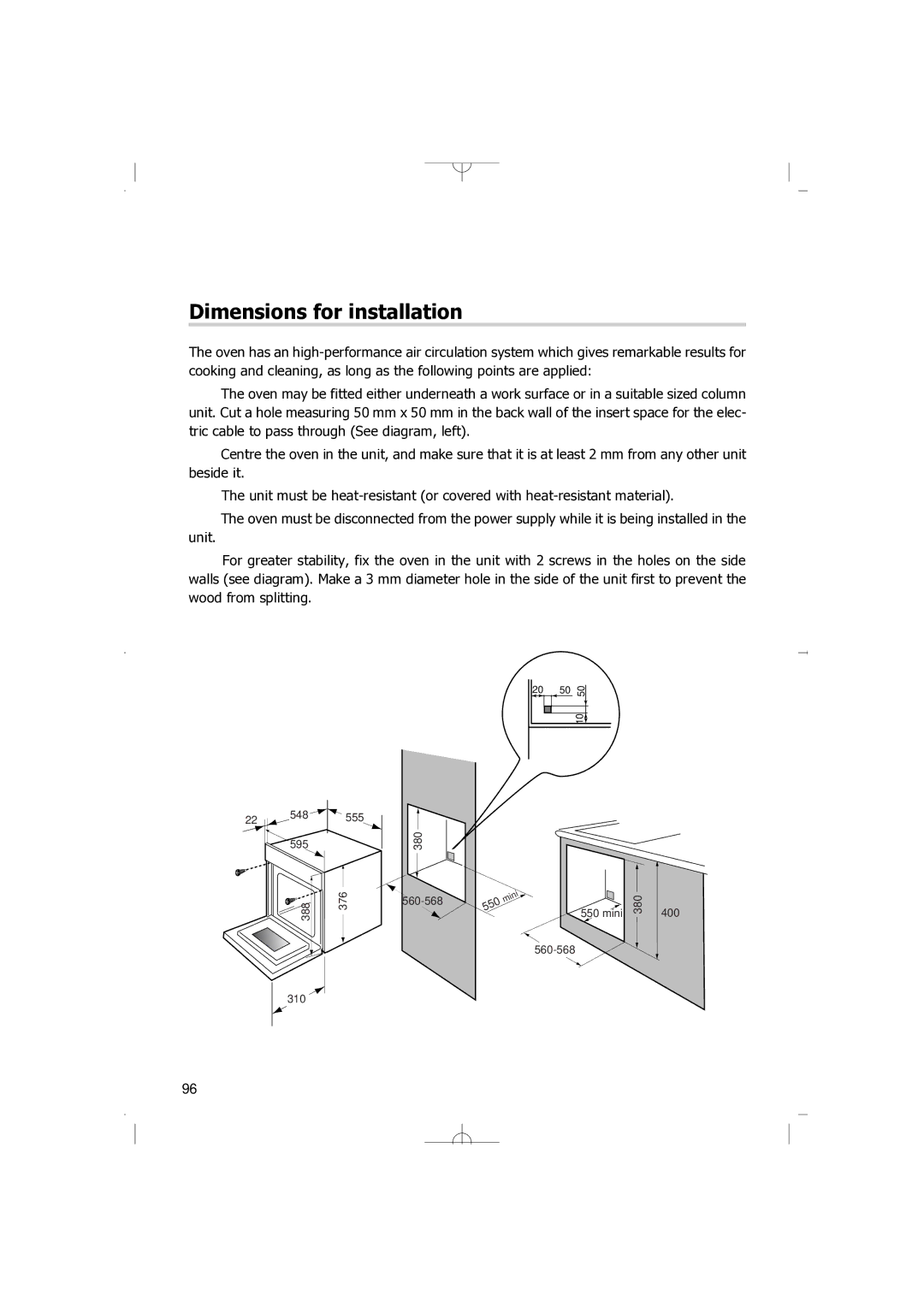 Smeg FM38X manual Dimensions for installation 