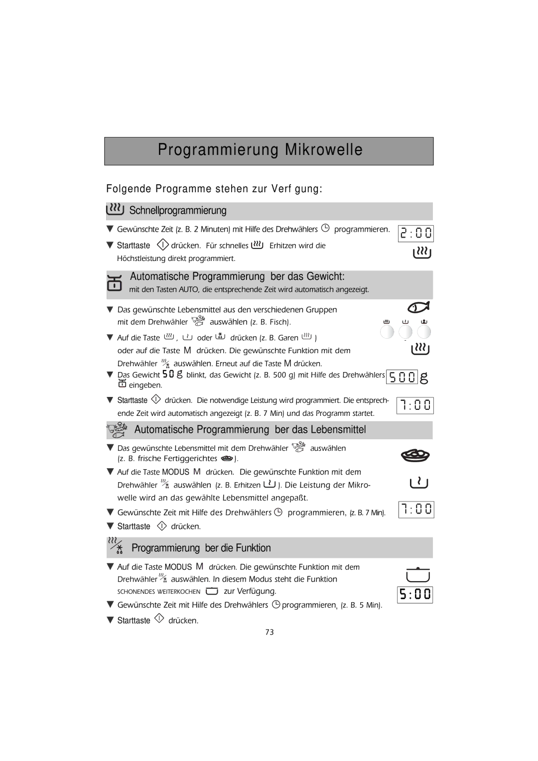 Smeg FMC30X-1 Programmierung Mikrowelle, Automatische Programmierung über das Gewicht, Programmierung über die Funktion 