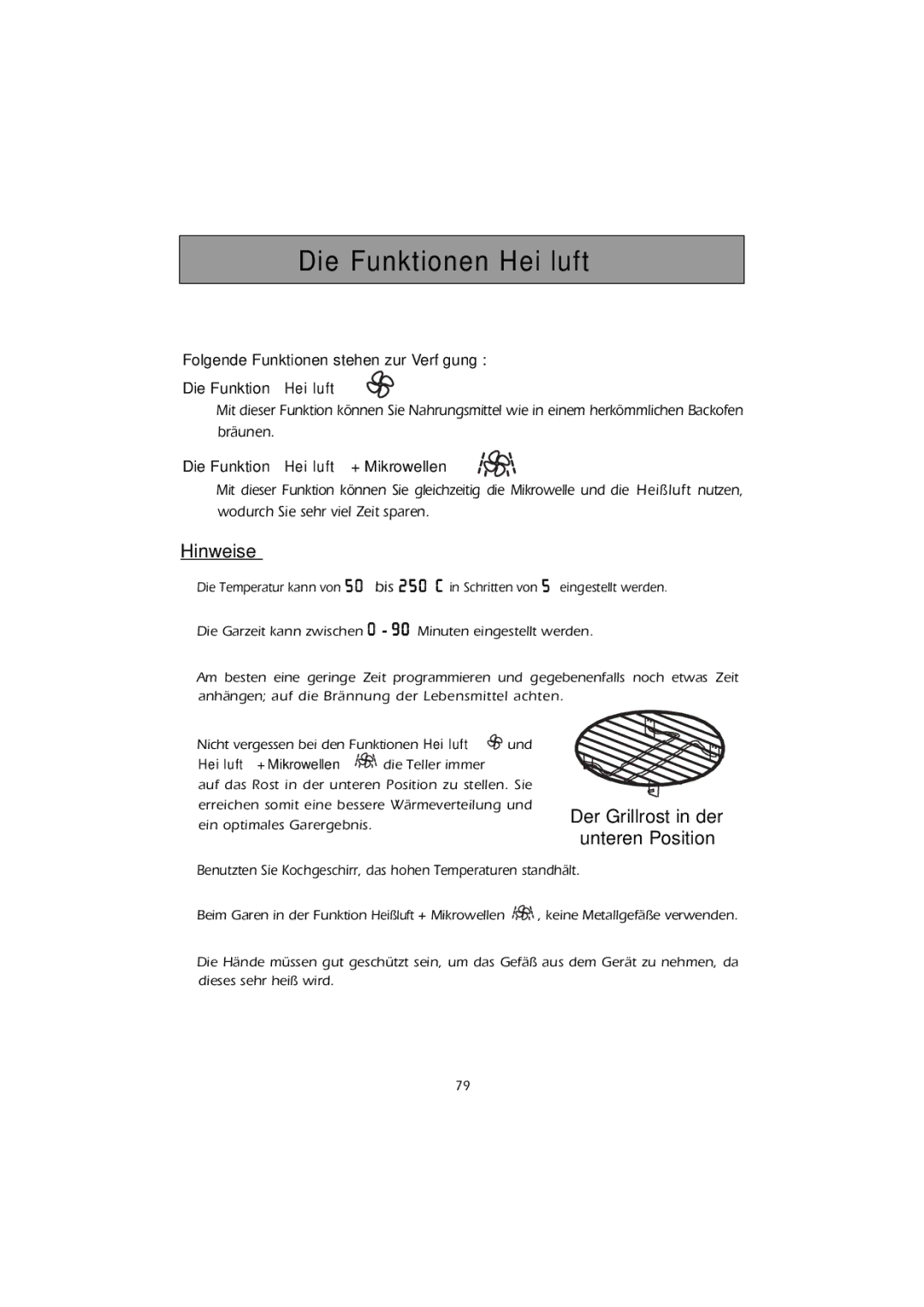 Smeg FMC30X-1 instruction manual Die Funktionen Heißluft, Hinweise, Der Grillrost in der Unteren Position 