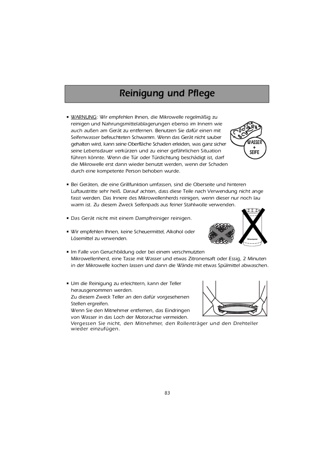 Smeg FMC30X-1 instruction manual Reinigung und Pflege, Wasser Seife 