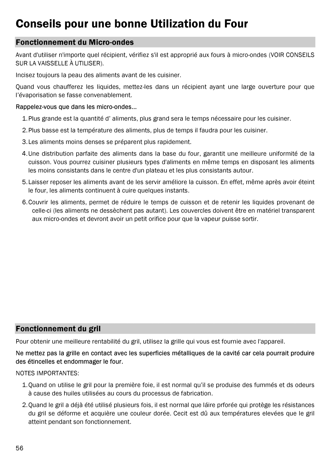 Smeg FME18EX manual Conseils pour une bonne Utilization du Four, Fonctionnement du Micro-ondes, Fonctionnement du gril 