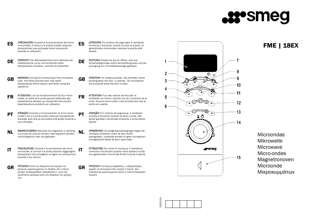 Smeg FME18EX manual Microondas Mikrowelle Microwave Micro-ondes Magnetronoven, Microonde Μικροκυµµάτων 