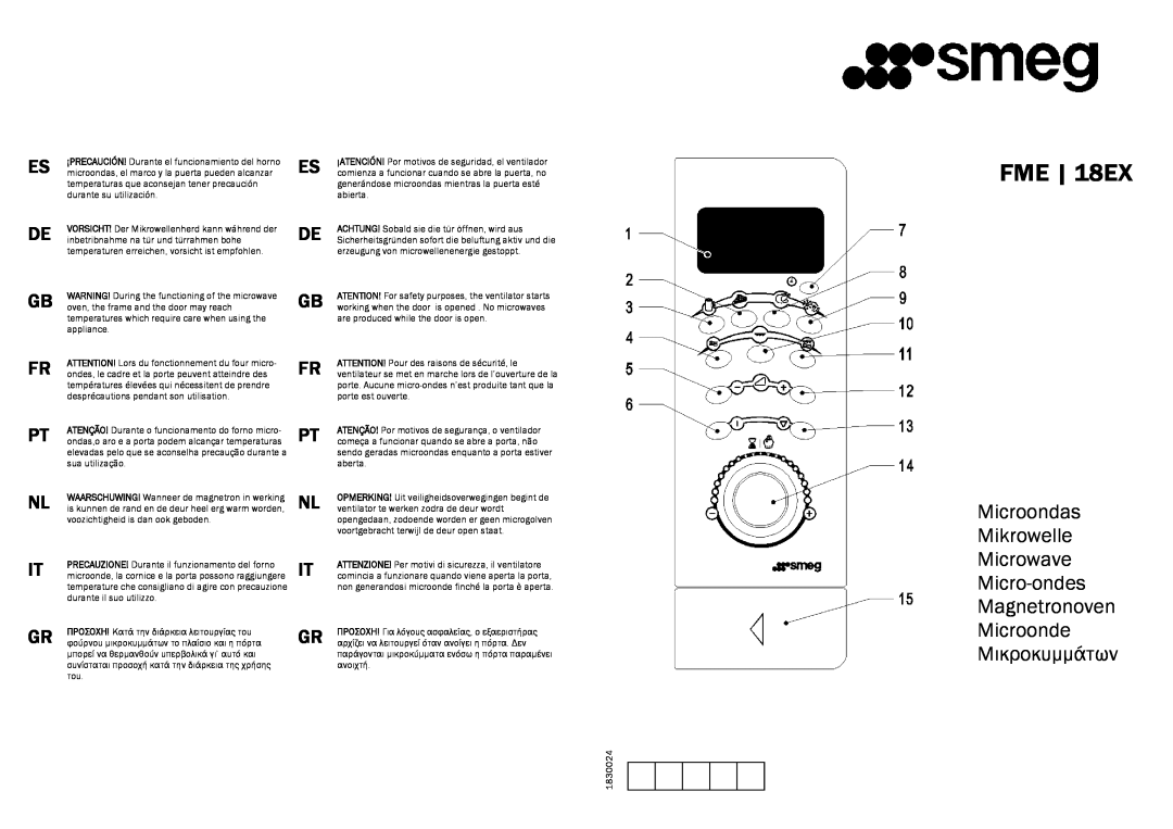 Smeg FME18EX manual Microondas Mikrowelle Microwave Micro-ondes, Magnetronoven, Microonde Μικροκυµµάτων, FME 18EX 