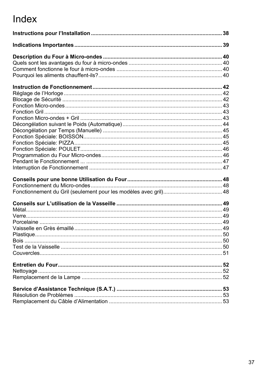 Smeg FME20EX manual Index, Instruction de Fonctionnement 