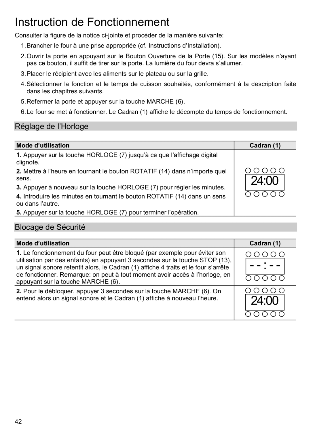 Smeg FME20EX manual Instruction de Fonctionnement, Réglage de l’Horloge, Blocage de Sécurité 