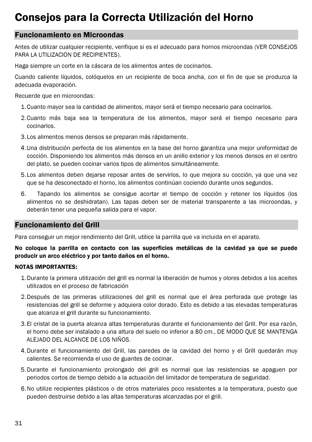 Smeg FME20EX1 Consejos para la Correcta Utilización del Horno, Funcionamiento en Microondas, Funcionamiento del Grill 