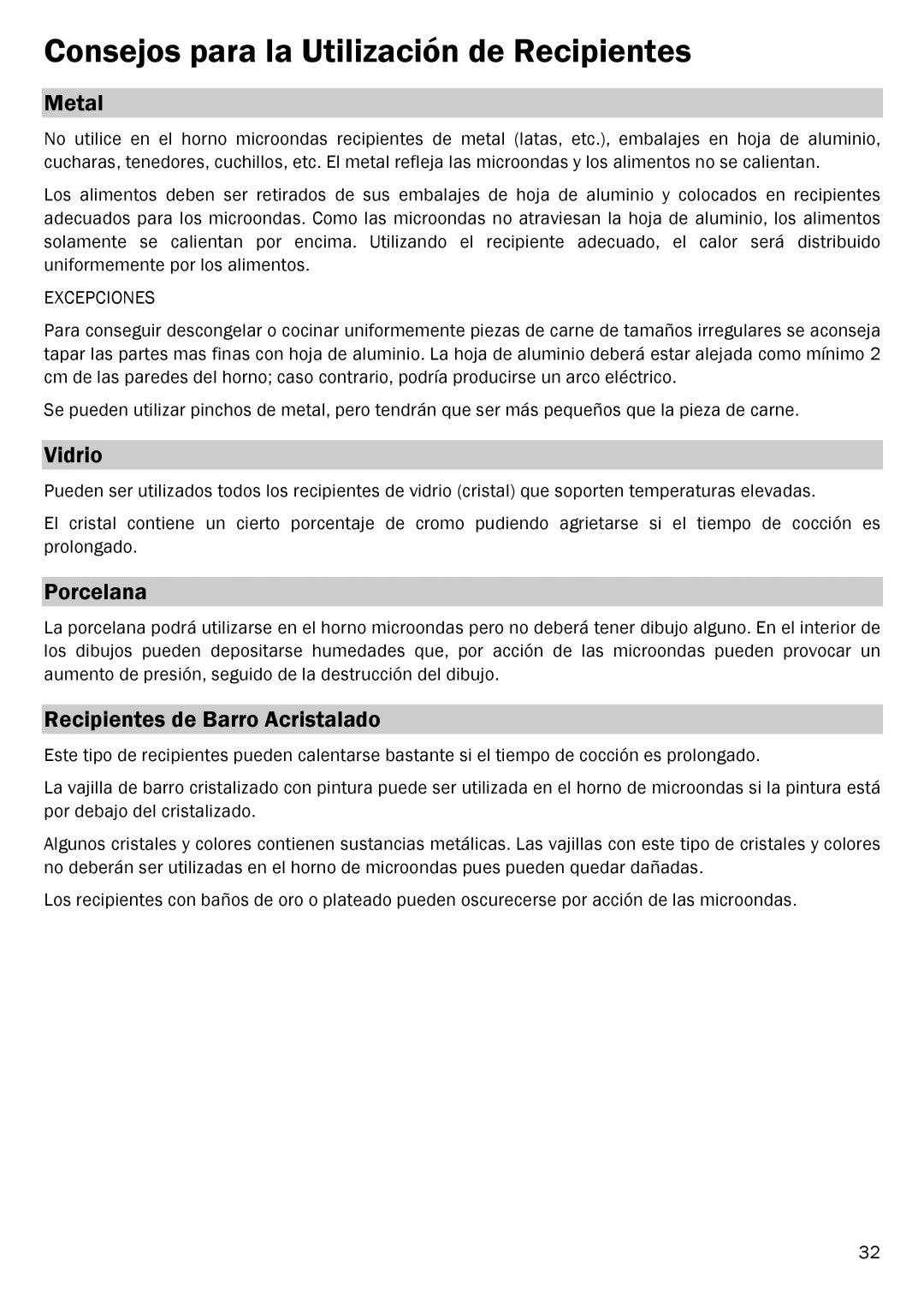 Smeg FME20EX1 manual Consejos para la Utilización de Recipientes, Vidrio, Porcelana, Recipientes de Barro Acristalado 