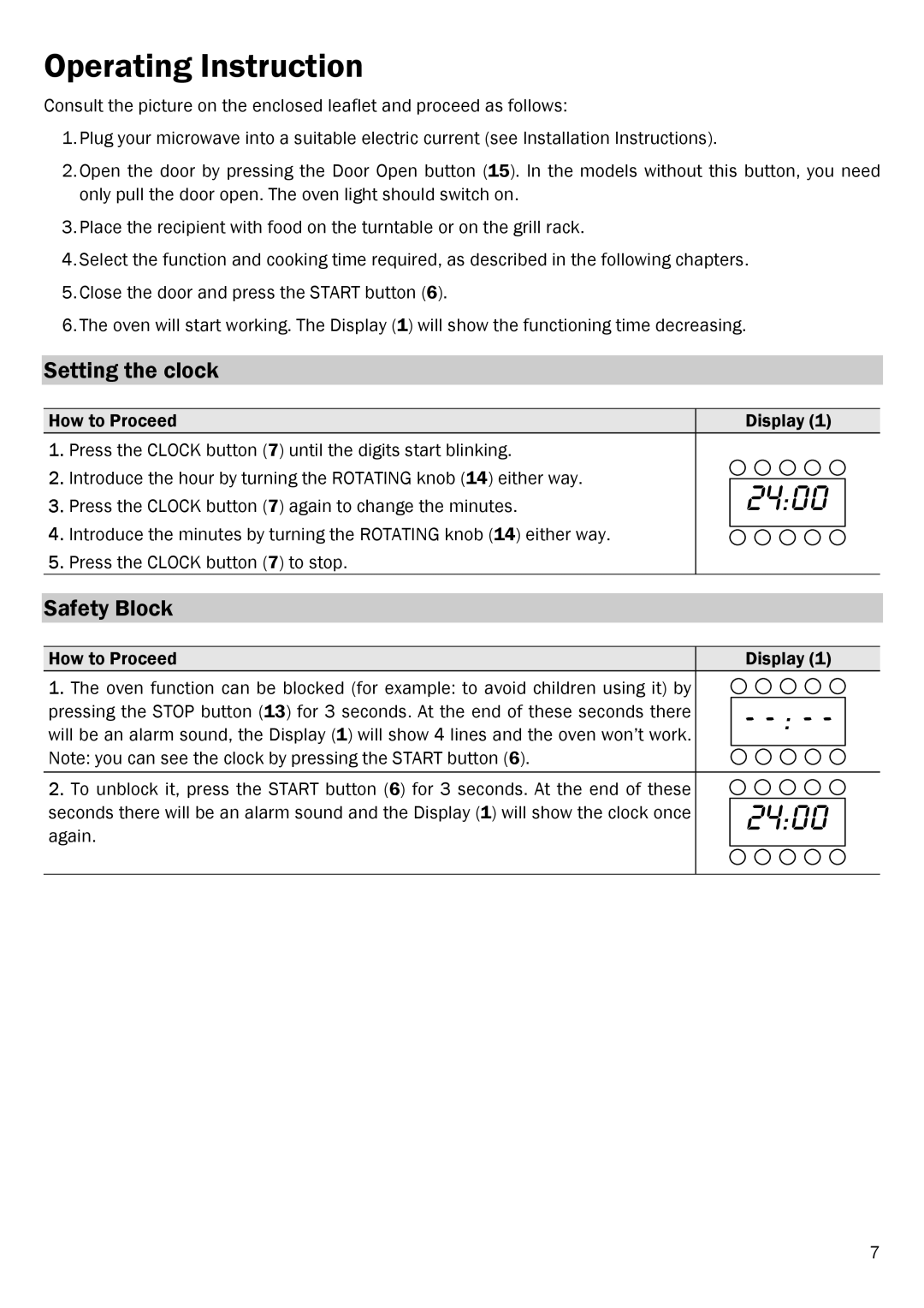 Smeg FME20EX1 manual Operating Instruction, Setting the clock, Safety Block 