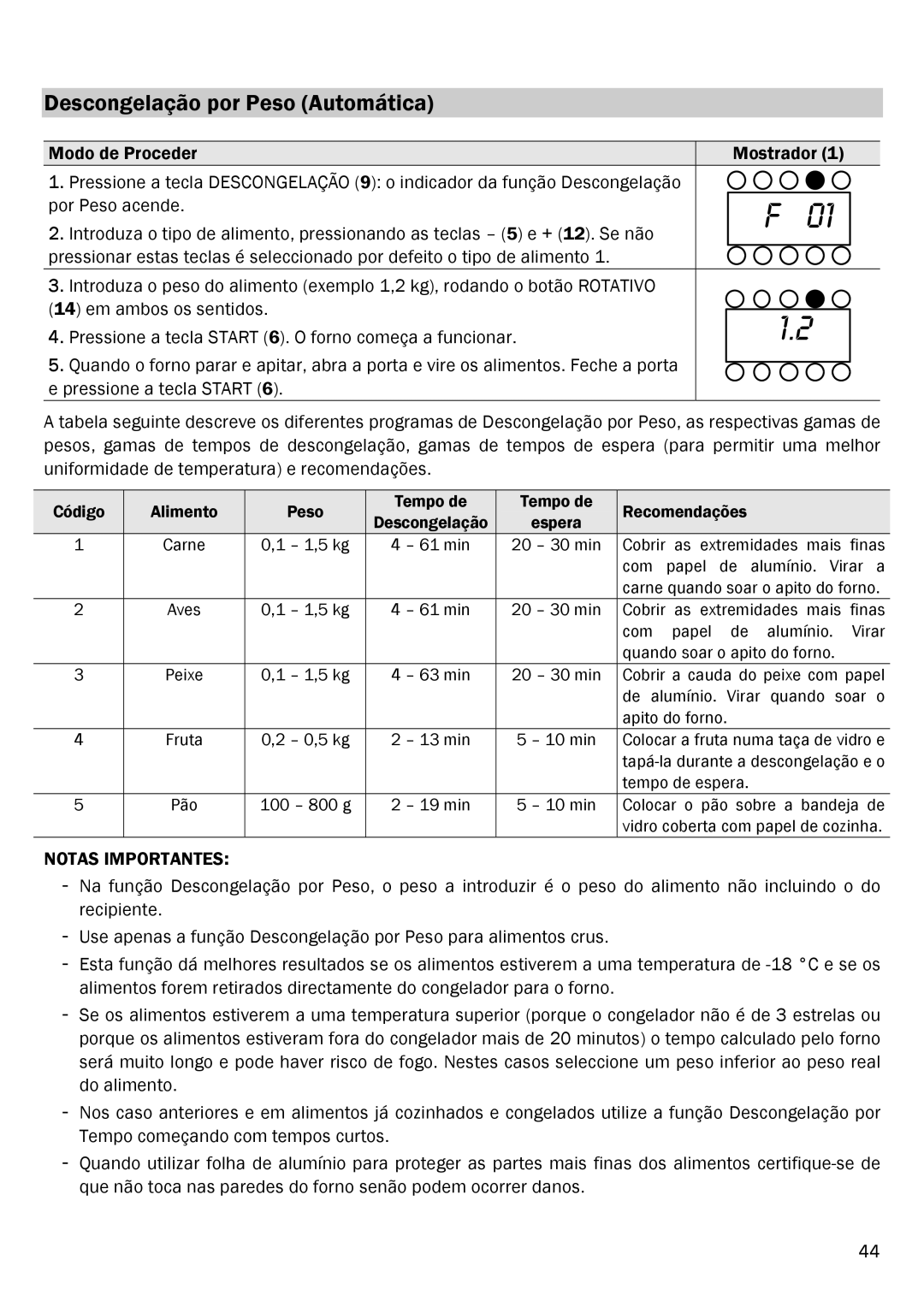 Smeg FME20EX1 manual Descongelação por Peso Automática, Apito do forno 