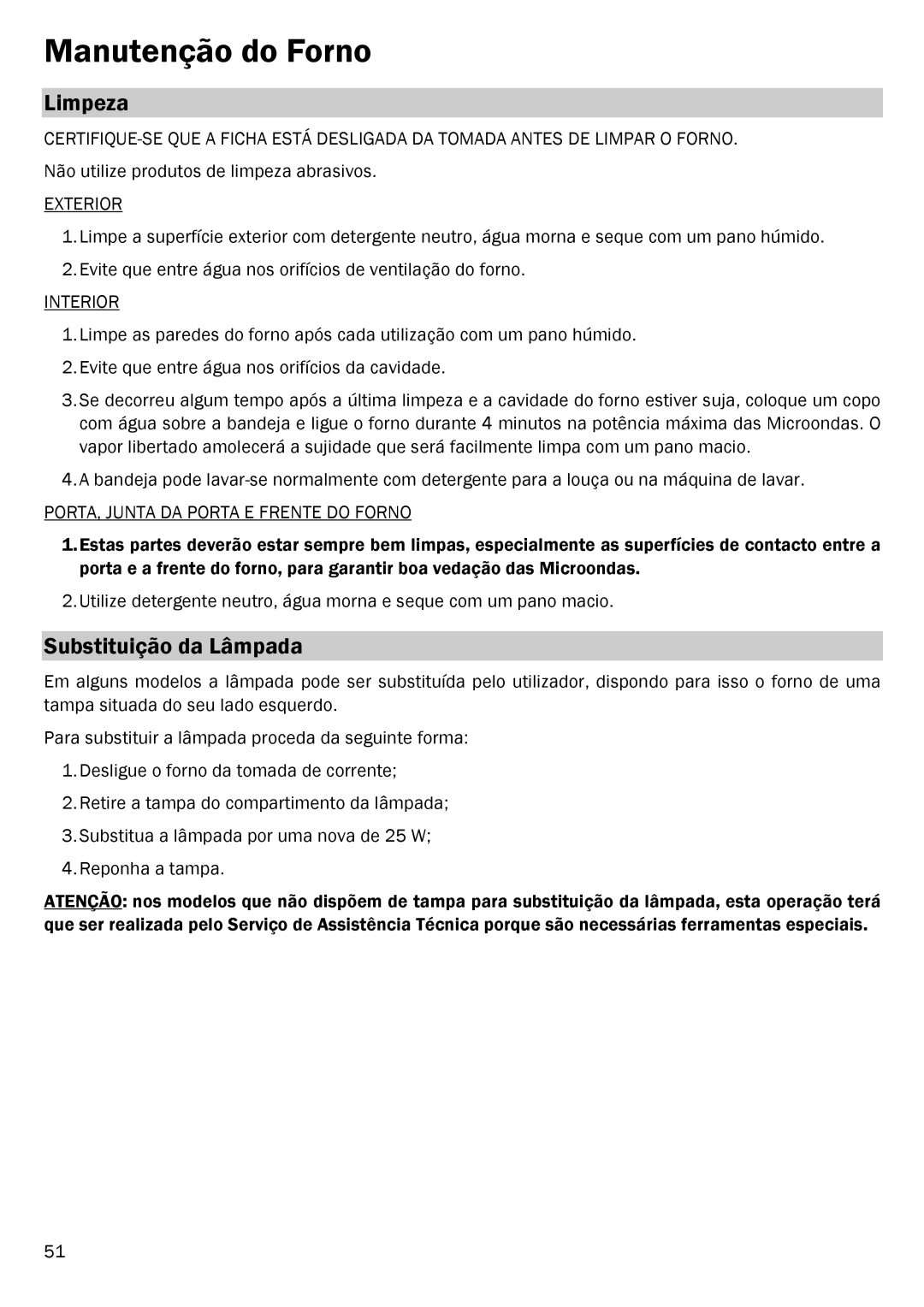 Smeg FME20EX1 manual Manutenção do Forno, Limpeza, Substituição da Lâmpada, PORTA, Junta DA Porta E Frente do Forno 