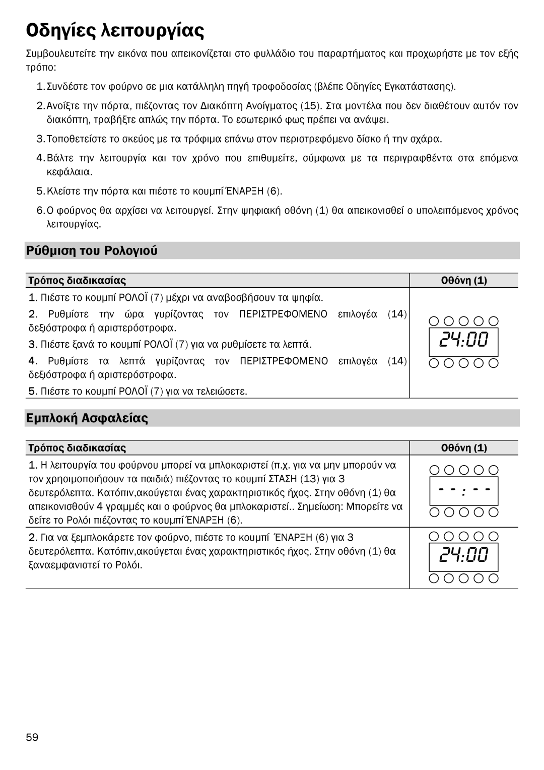 Smeg FME20EX1 manual Οδηγίες λειτουργίας, Ρύθµιση του Ρολογιού, Εµπλοκή Ασφαλείας 