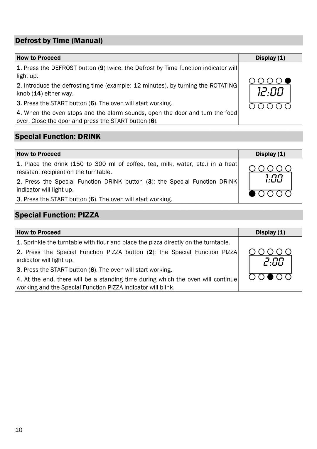 Smeg FME20EX1 manual Defrost by Time Manual, Special Function Drink, Special Function Pizza 