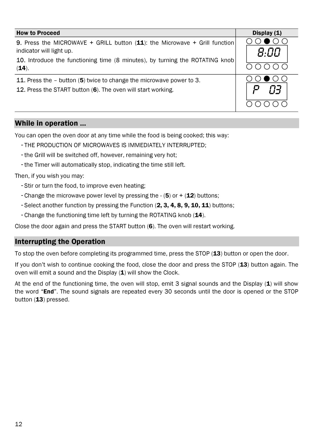 Smeg FME20EX1 manual While in operation, Interrupting the Operation, Production of Microwaves is Immediately Interrupted 