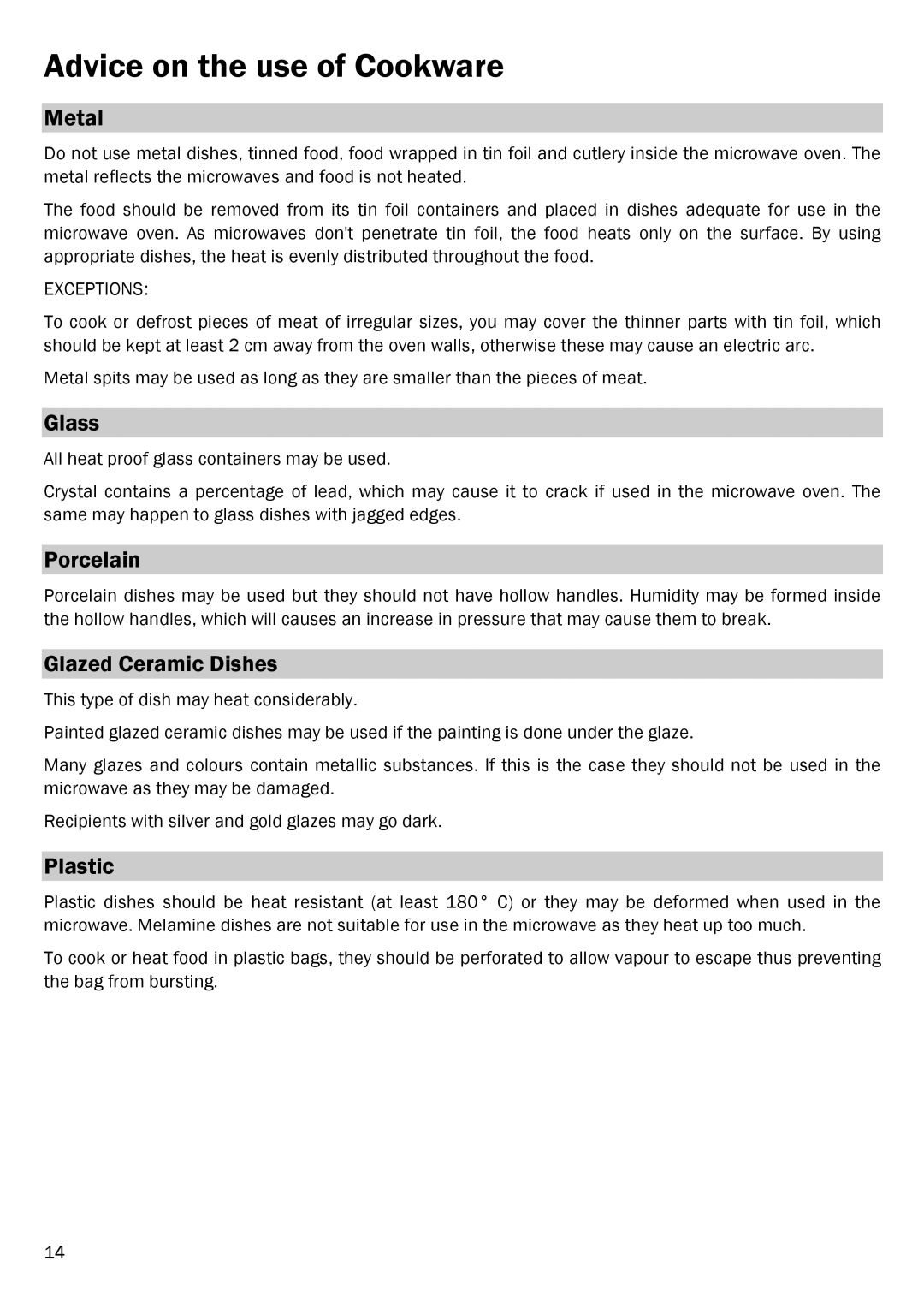 Smeg FME20EX1 manual Advice on the use of Cookware 