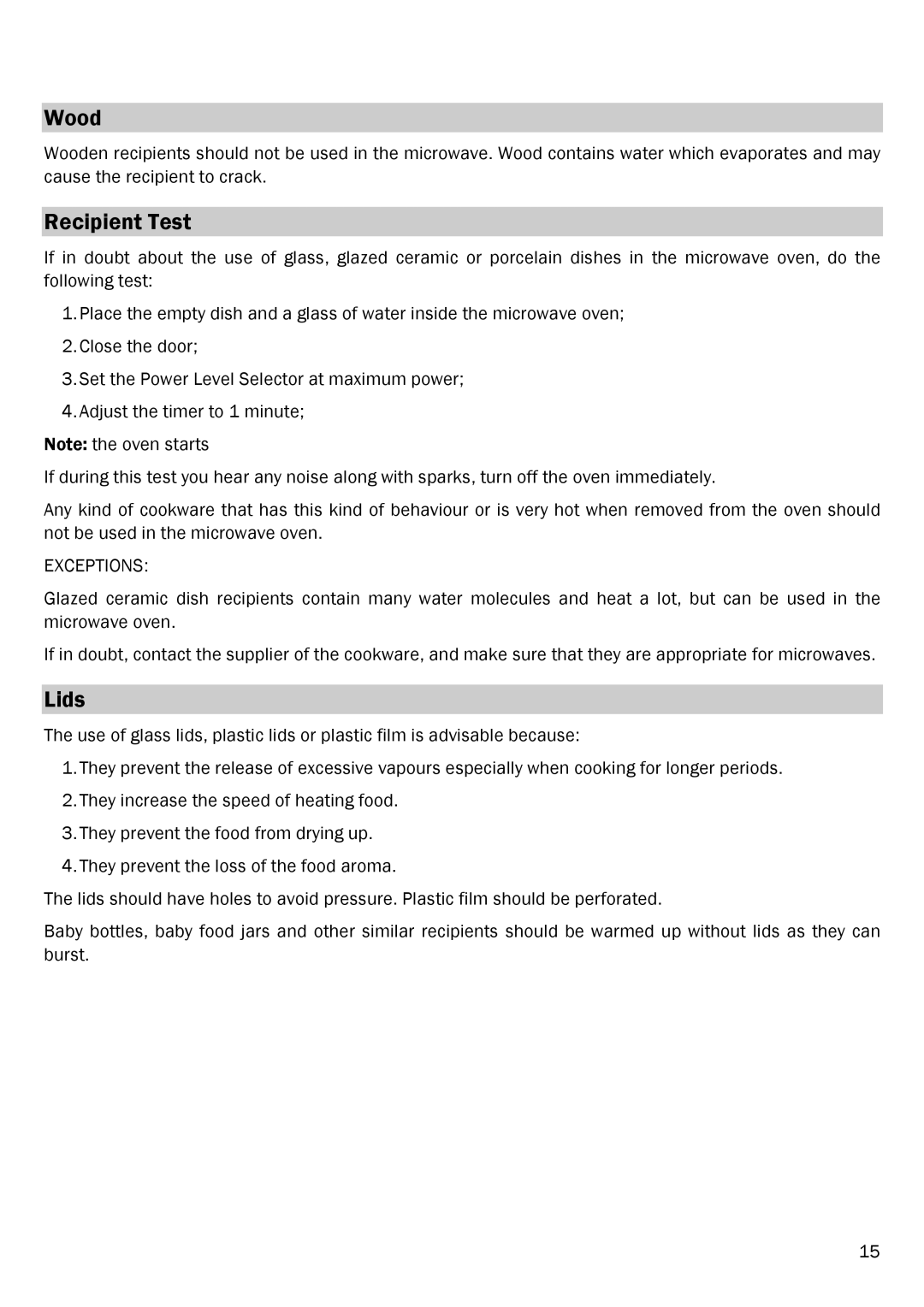 Smeg FME20EX1 manual Wood, Recipient Test, Lids 