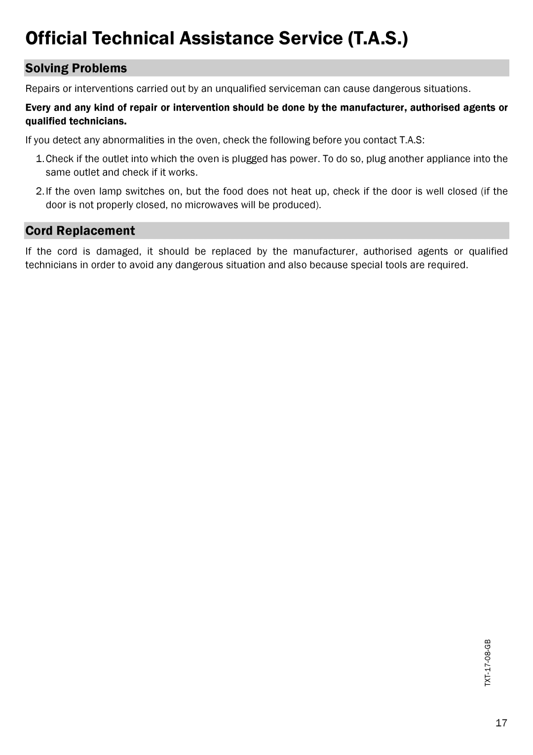 Smeg FME20EX1 manual Official Technical Assistance Service T.A.S, Solving Problems, Cord Replacement 