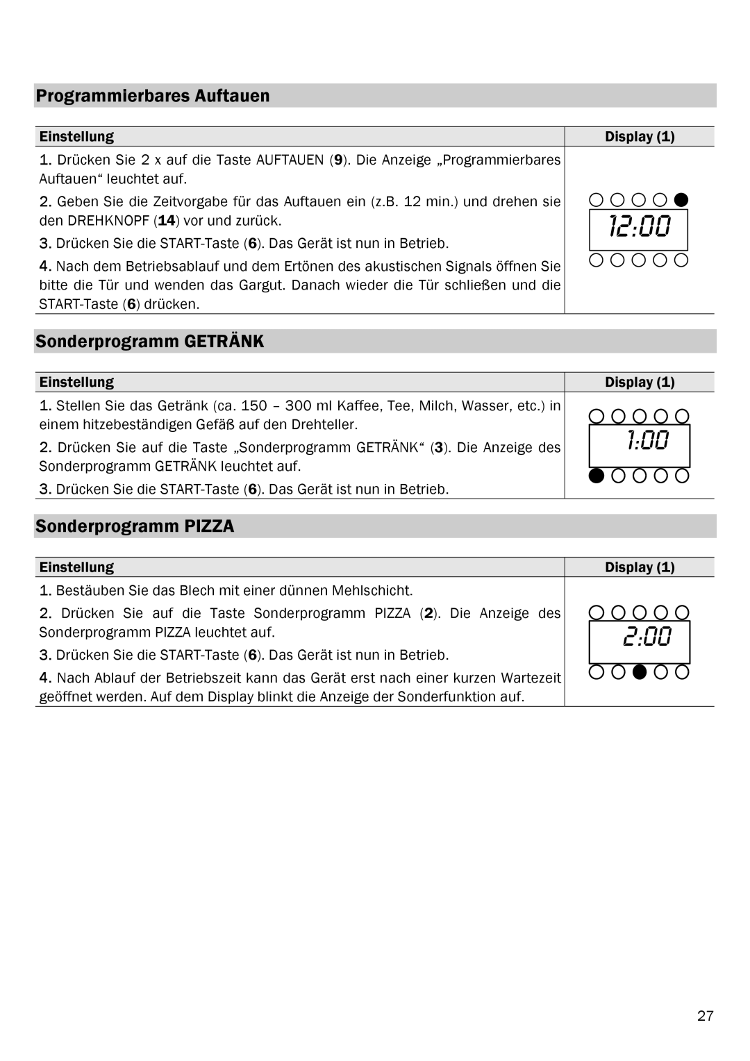 Smeg FME20EX1 manual Programmierbares Auftauen, Sonderprogramm Getränk, Sonderprogramm Pizza 