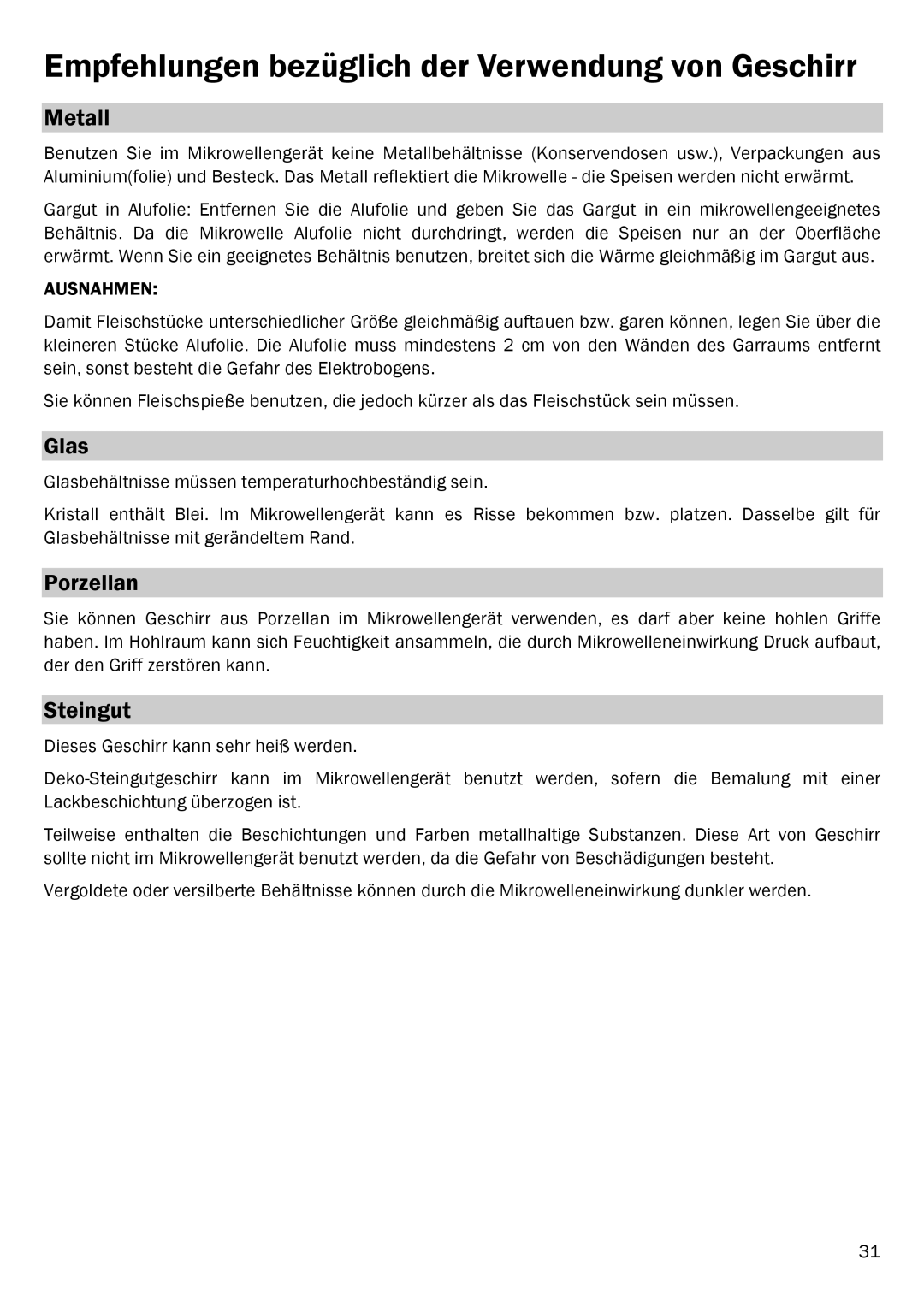 Smeg FME20EX1 manual Empfehlungen bezüglich der Verwendung von Geschirr, Metall, Glas, Porzellan, Steingut 