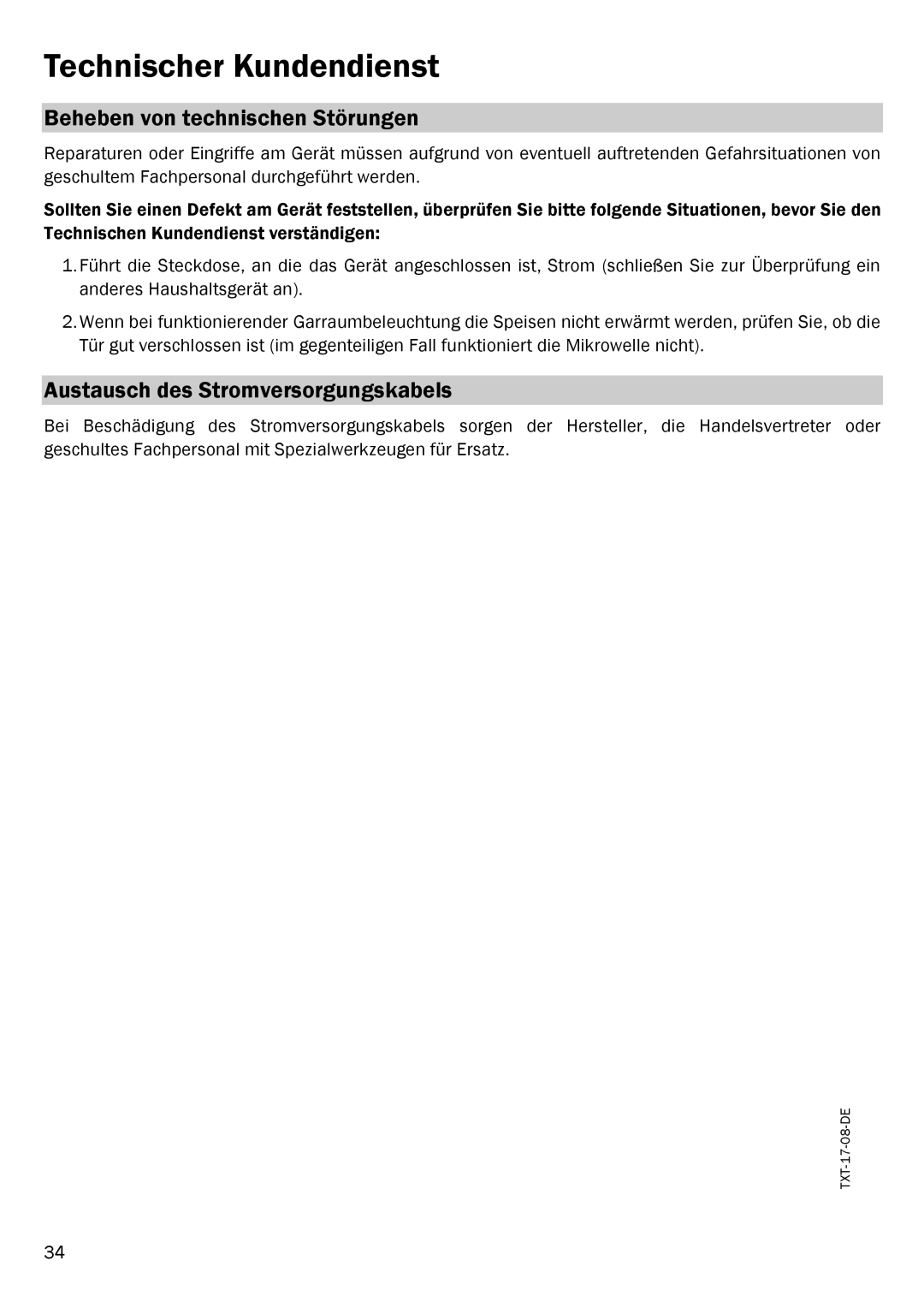 Smeg FME20EX1 manual Technischer Kundendienst, Beheben von technischen Störungen, Austausch des Stromversorgungskabels 