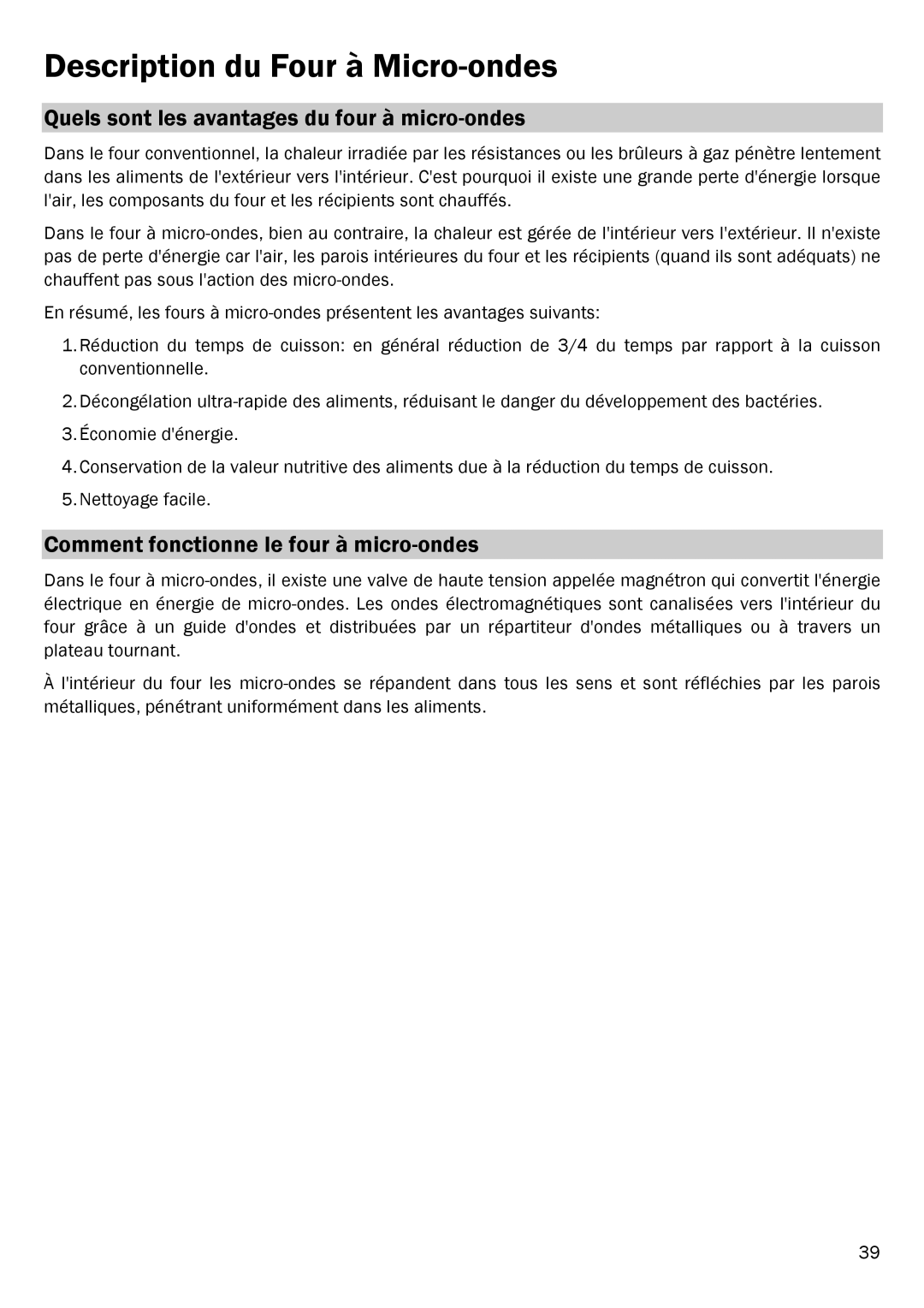 Smeg FME20EX1 manual Description du Four à Micro-ondes, Quels sont les avantages du four à micro-ondes 