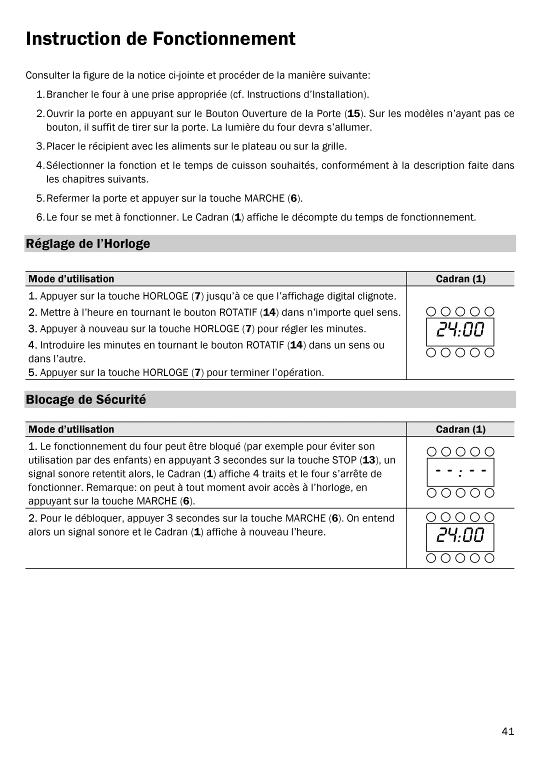 Smeg FME20EX1 manual Instruction de Fonctionnement, Réglage de l’Horloge, Blocage de Sécurité 