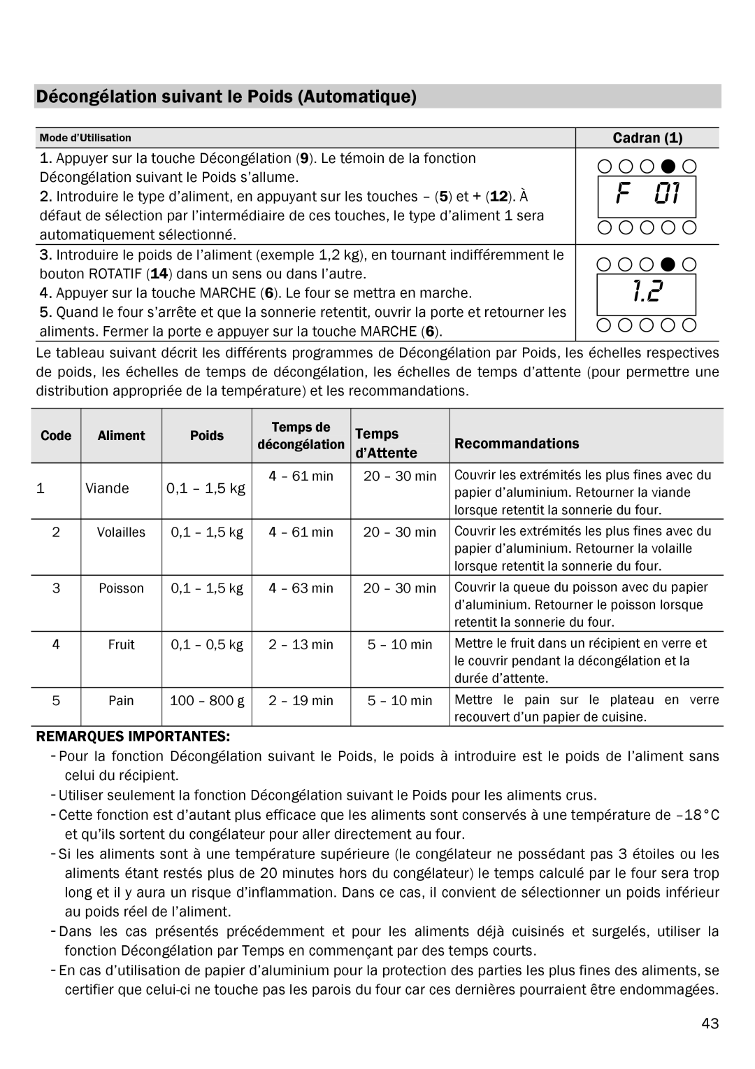 Smeg FME20EX1 manual Décongélation suivant le Poids Automatique, Remarques Importantes 