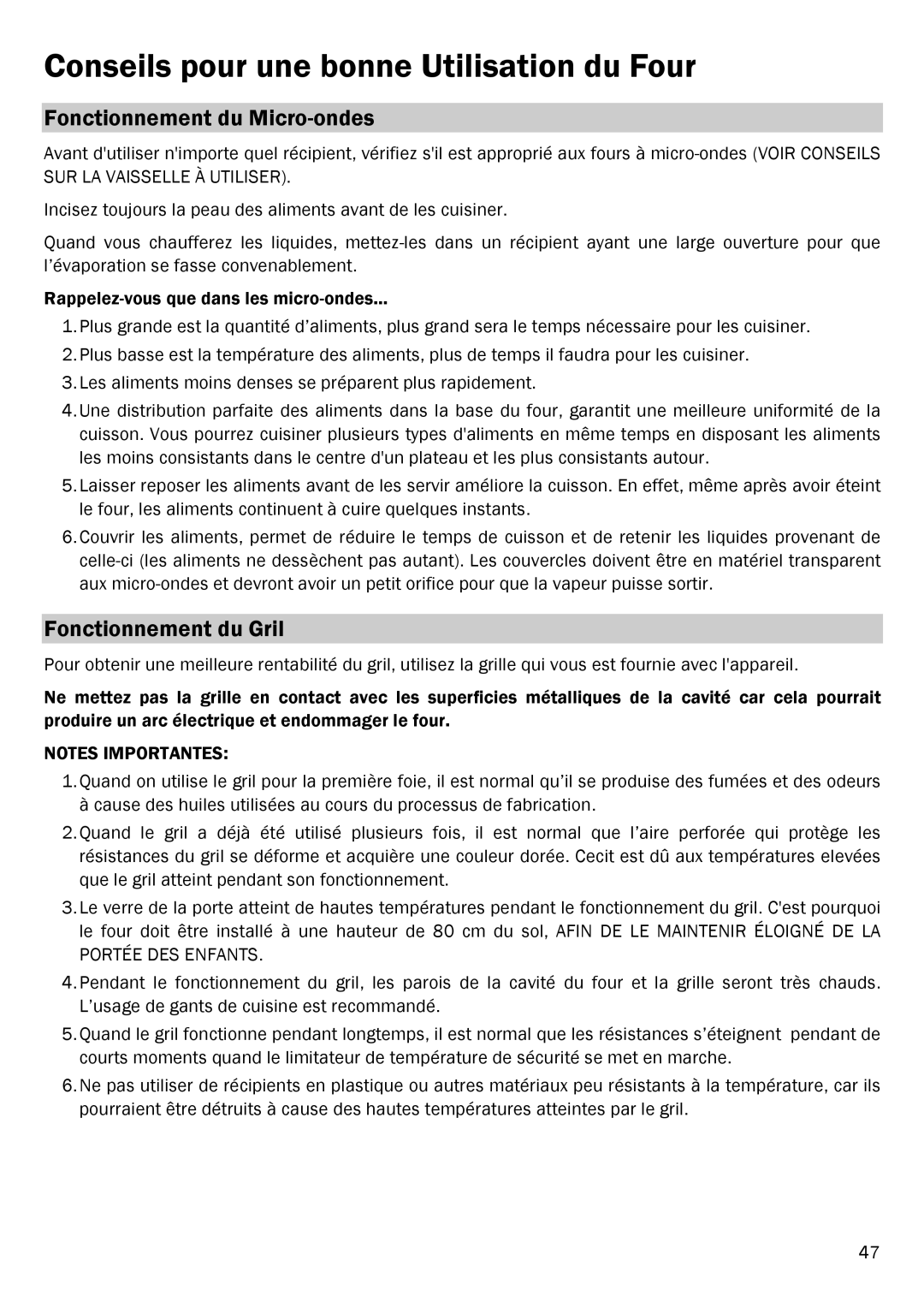 Smeg FME20EX1 manual Conseils pour une bonne Utilisation du Four, Fonctionnement du Micro-ondes, Fonctionnement du Gril 