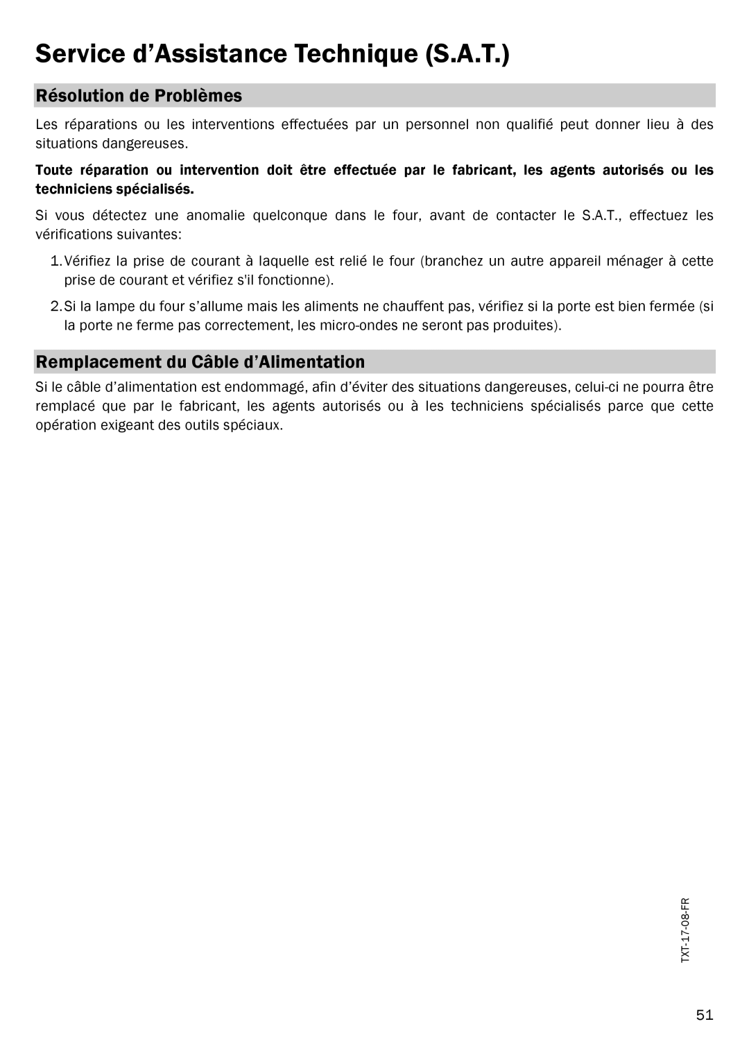 Smeg FME20EX1 manual Service d’Assistance Technique S.A.T, Résolution de Problèmes, Remplacement du Câble d’Alimentation 