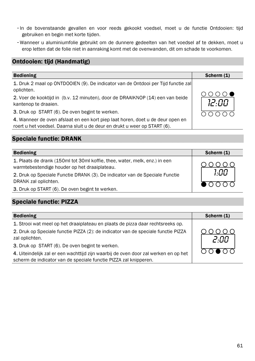 Smeg FME20EX1 manual Ontdooien tijd Handmatig, Speciale functie Drank, Speciale functie Pizza 