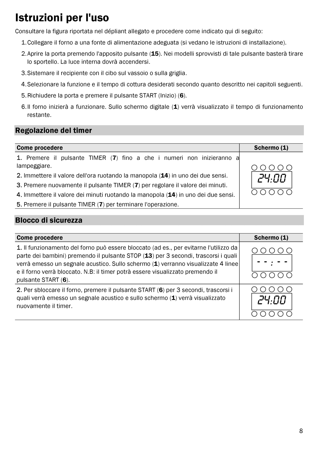 Smeg FME20EX1 manual Istruzioni per luso, Regolazione del timer, Blocco di sicurezza 