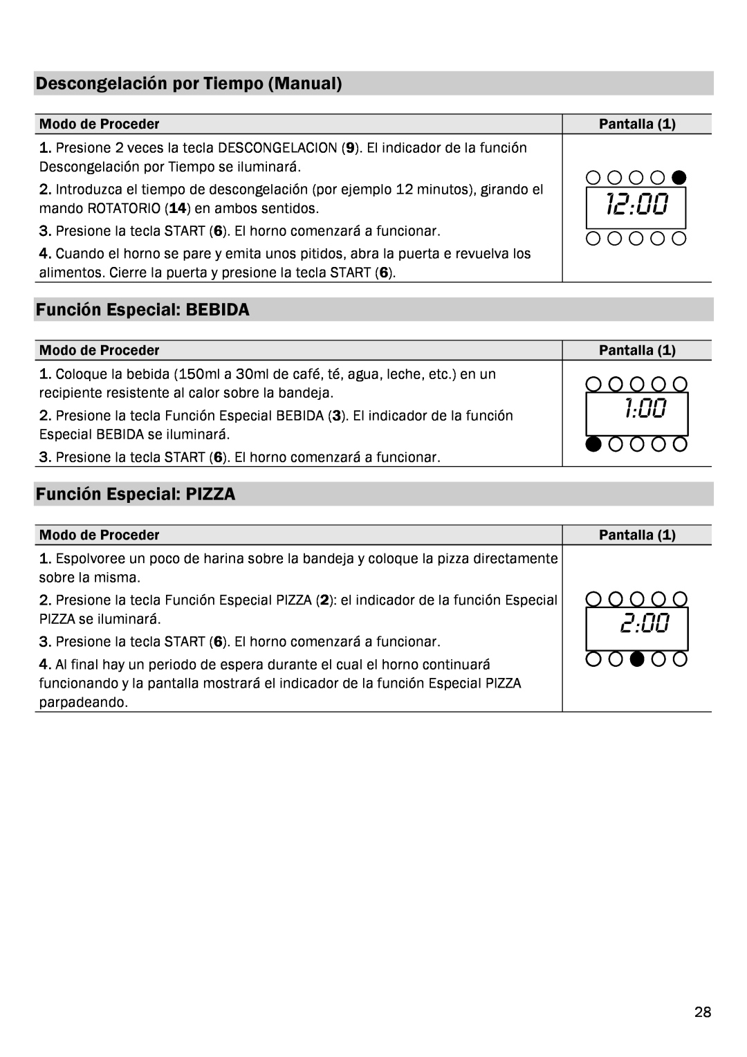 Smeg FME20EX1 manual Descongelación por Tiempo Manual, Función Especial BEBIDA, Función Especial PIZZA, 1200 